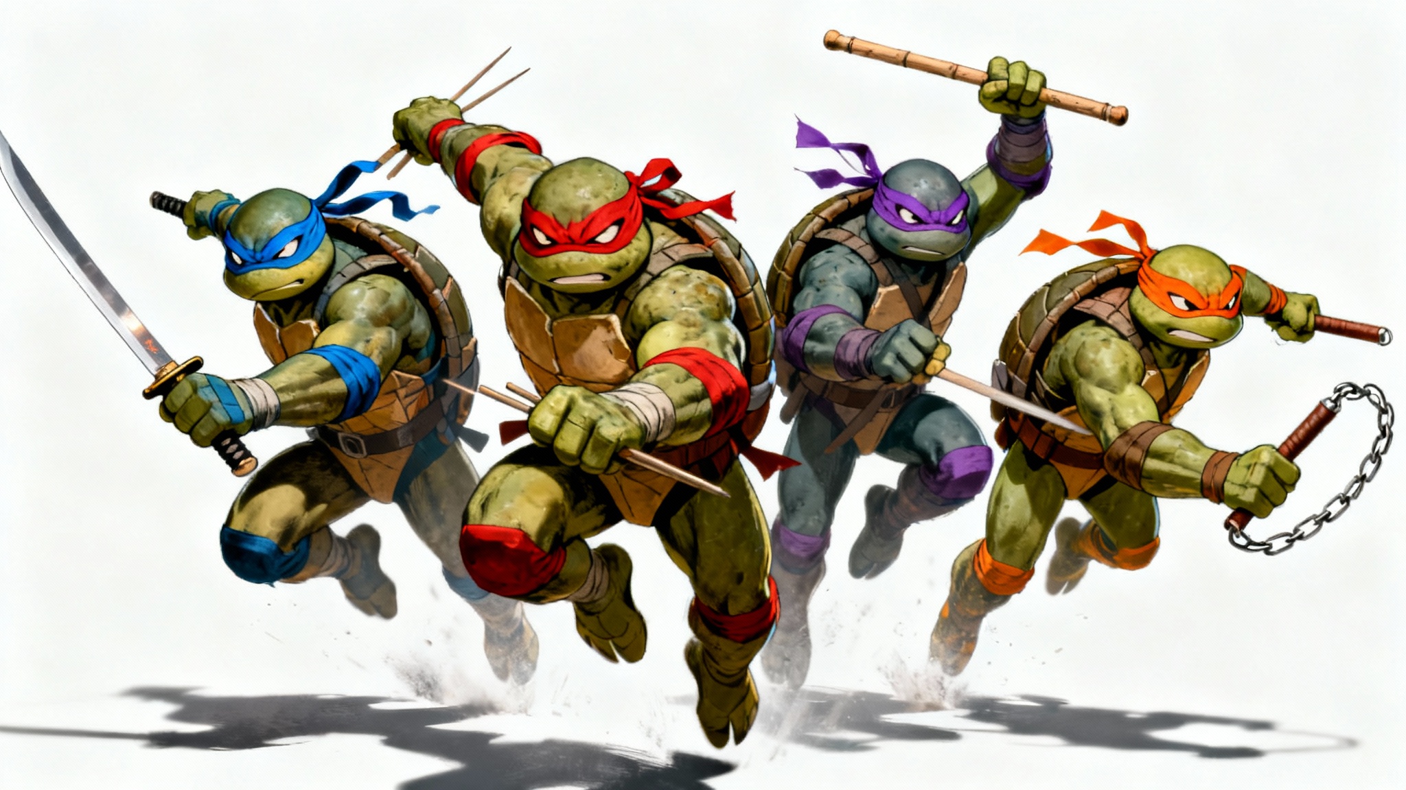 A modern comic book style wallpaper showing the Teenage Mutant Ninja Turtles in a dynamic action pose, leaping forward against a plain white background.