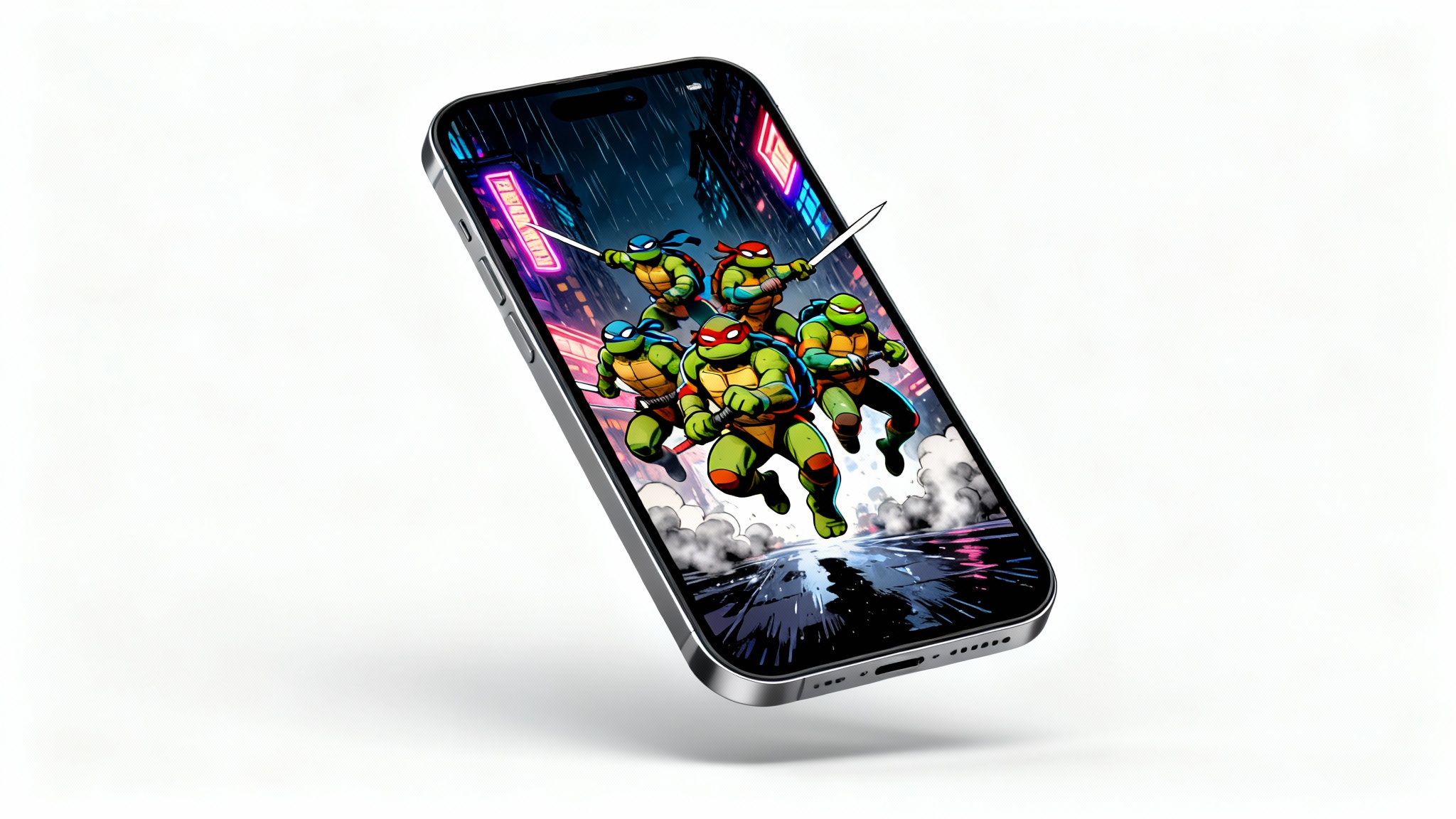 A mockup of a modern smartphone displaying a dynamic Teenage Mutant Ninja Turtles wallpaper against a clean white background. The wallpaper shows the turtles in an action pose on a dark city street.