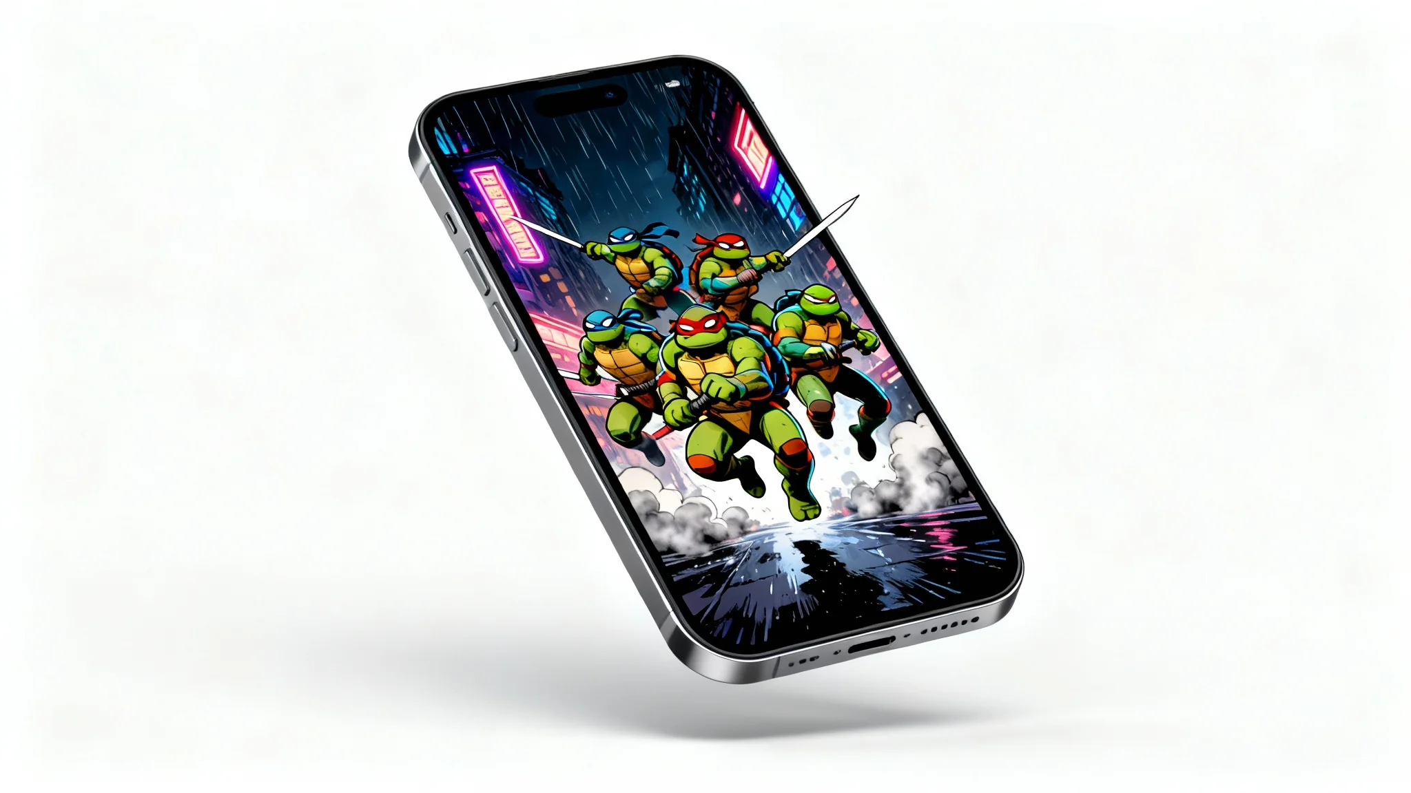A mockup of a modern smartphone displaying a dynamic Teenage Mutant Ninja Turtles wallpaper against a clean white background. The wallpaper shows the turtles in an action pose on a dark city street.