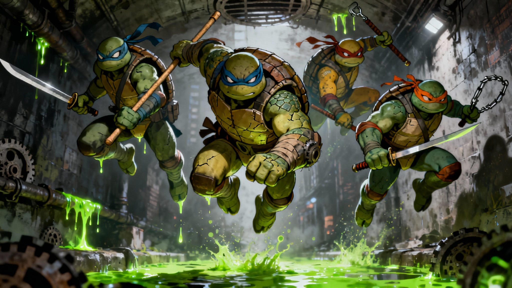Action-packed wallpaper of the Teenage Mutant Ninja Turtles leaping out from a dark sewer, ready for battle with their weapons drawn.