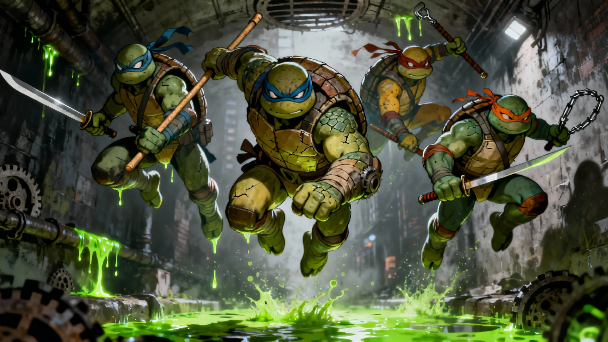Action-packed wallpaper of the Teenage Mutant Ninja Turtles leaping out from a dark sewer, ready for battle with their weapons drawn.