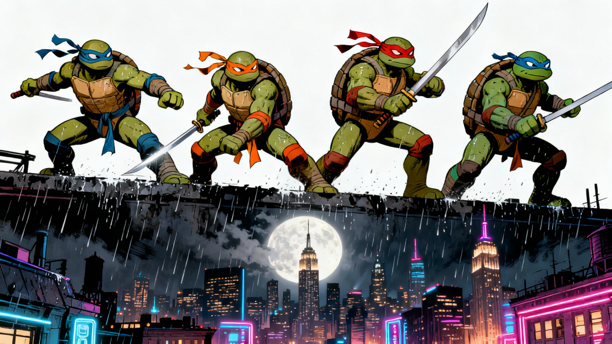 A vibrant wallpaper featuring the Teenage Mutant Ninja Turtles in action poses on a city rooftop at night, with the full moon and skyline in the background.
