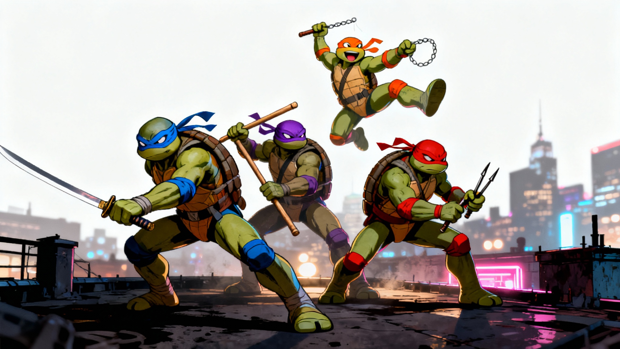 A dynamic wallpaper featuring the Teenage Mutant Ninja Turtles in combat poses on a dark city rooftop at night, showcasing a modern comic book art style.
