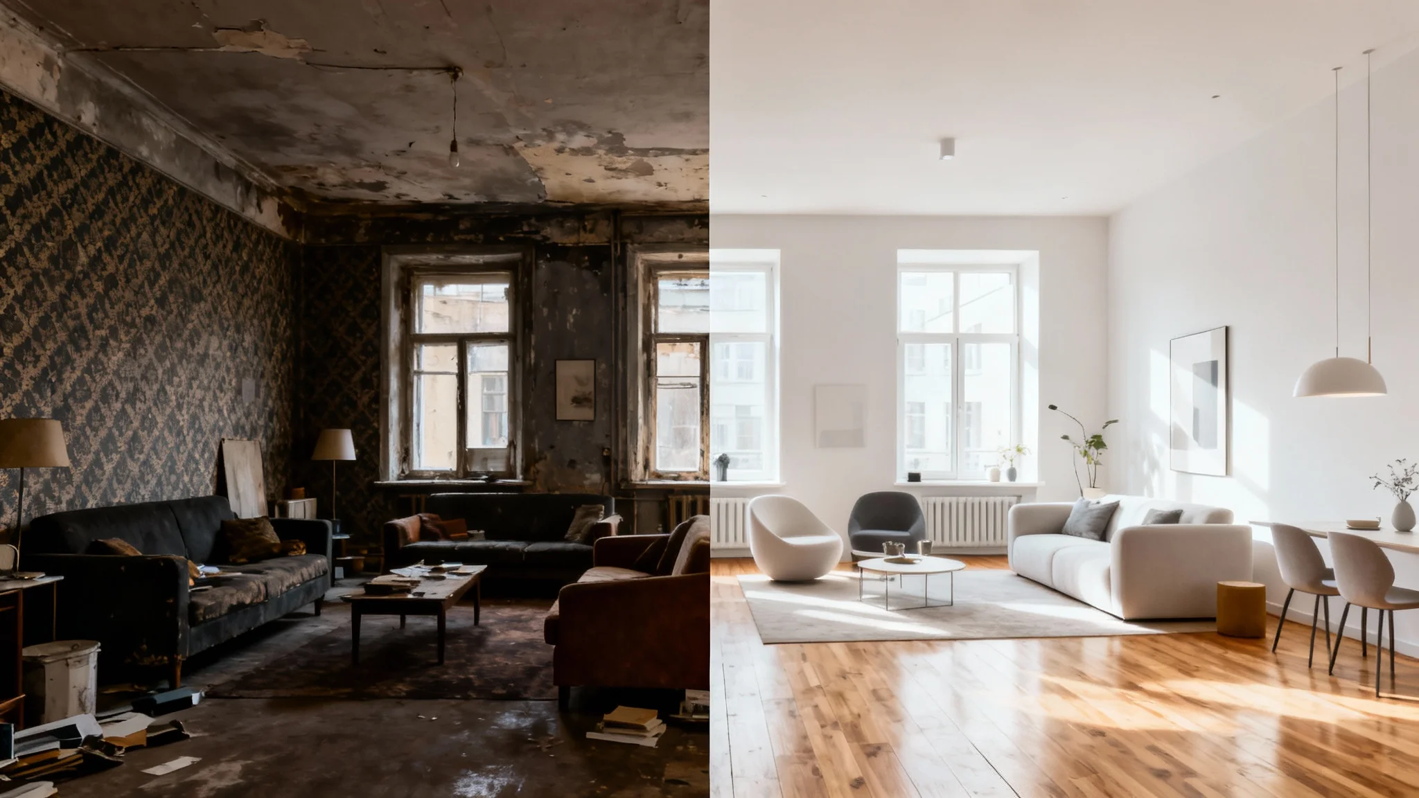 A split-screen comparison of a living room renovation. The left side shows a dated, cluttered room, and the right side shows the same room beautifully transformed into a modern, bright, and stylish space.