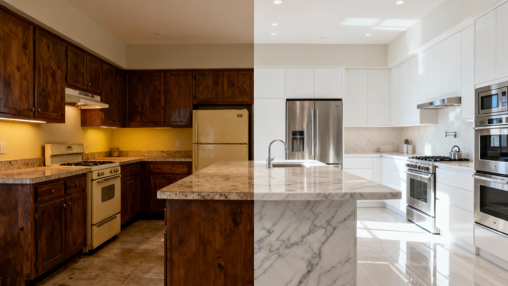 A split-screen image comparing a kitchen before and after renovation. The left side shows a dark, dated kitchen, while the right side shows the same space transformed into a bright, modern, and stylish kitchen.