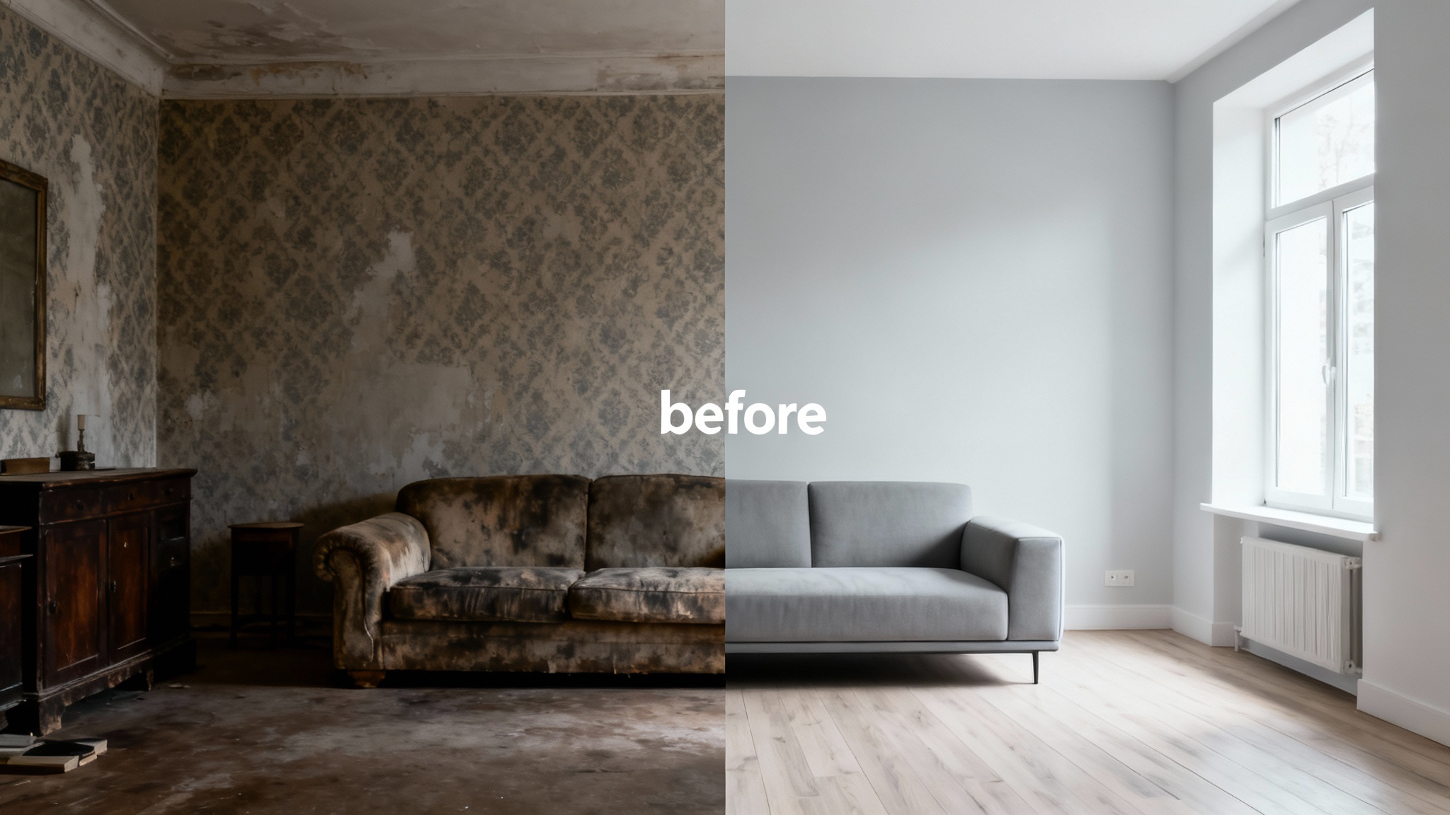 A split-screen image comparing a living room before and after a renovation. The 'before' side shows a dark and dated room, while the 'after' side shows a bright, modern, and stylishly renovated space.