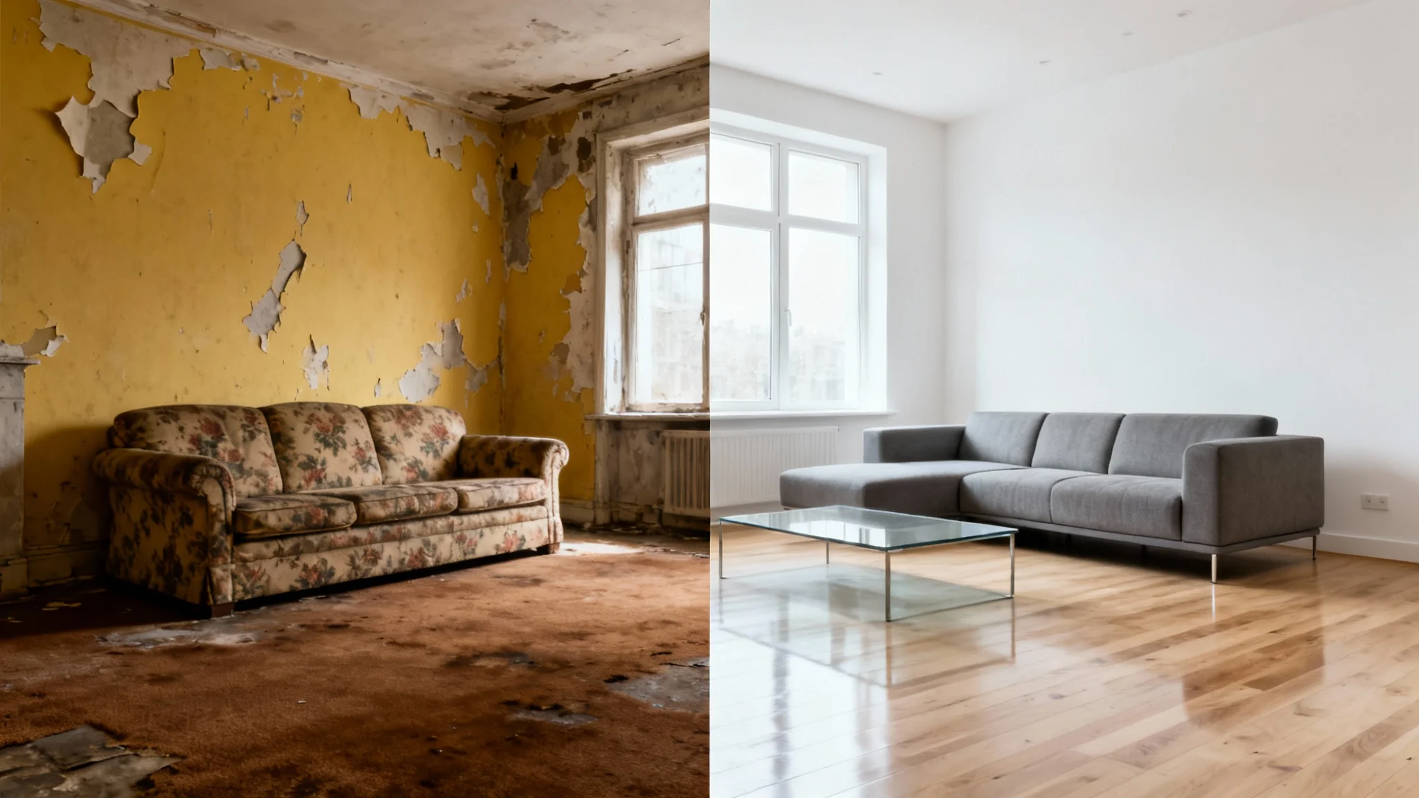 A split-screen comparison image of a living room renovation. The left side shows a dated and dark room, while the right side shows the same room transformed into a bright, modern, and stylish space.