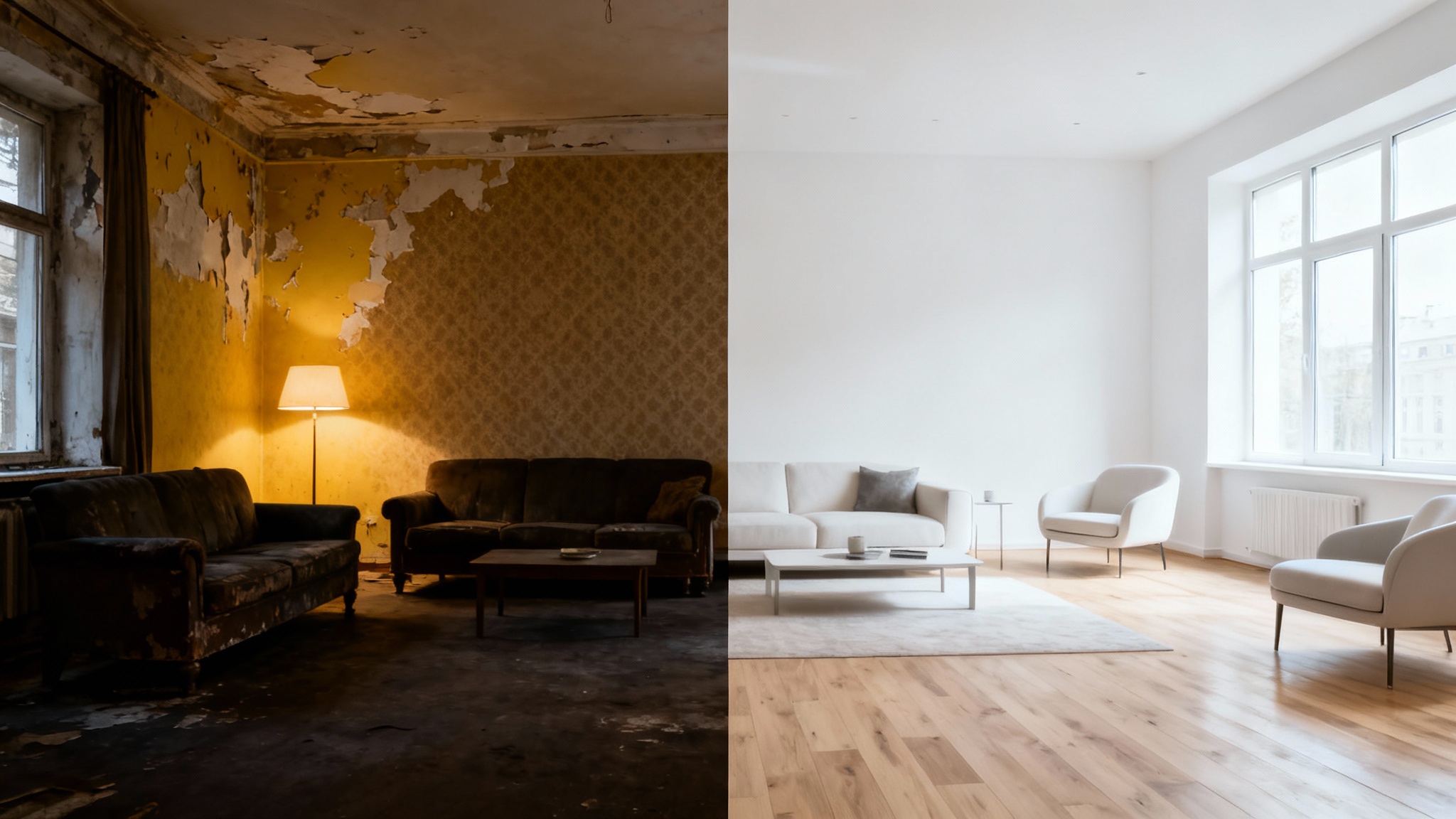 A split-screen comparison of a living room before and after renovation. The 'before' side is old and dark, while the 'after' side is modern, bright, and completely remodeled.