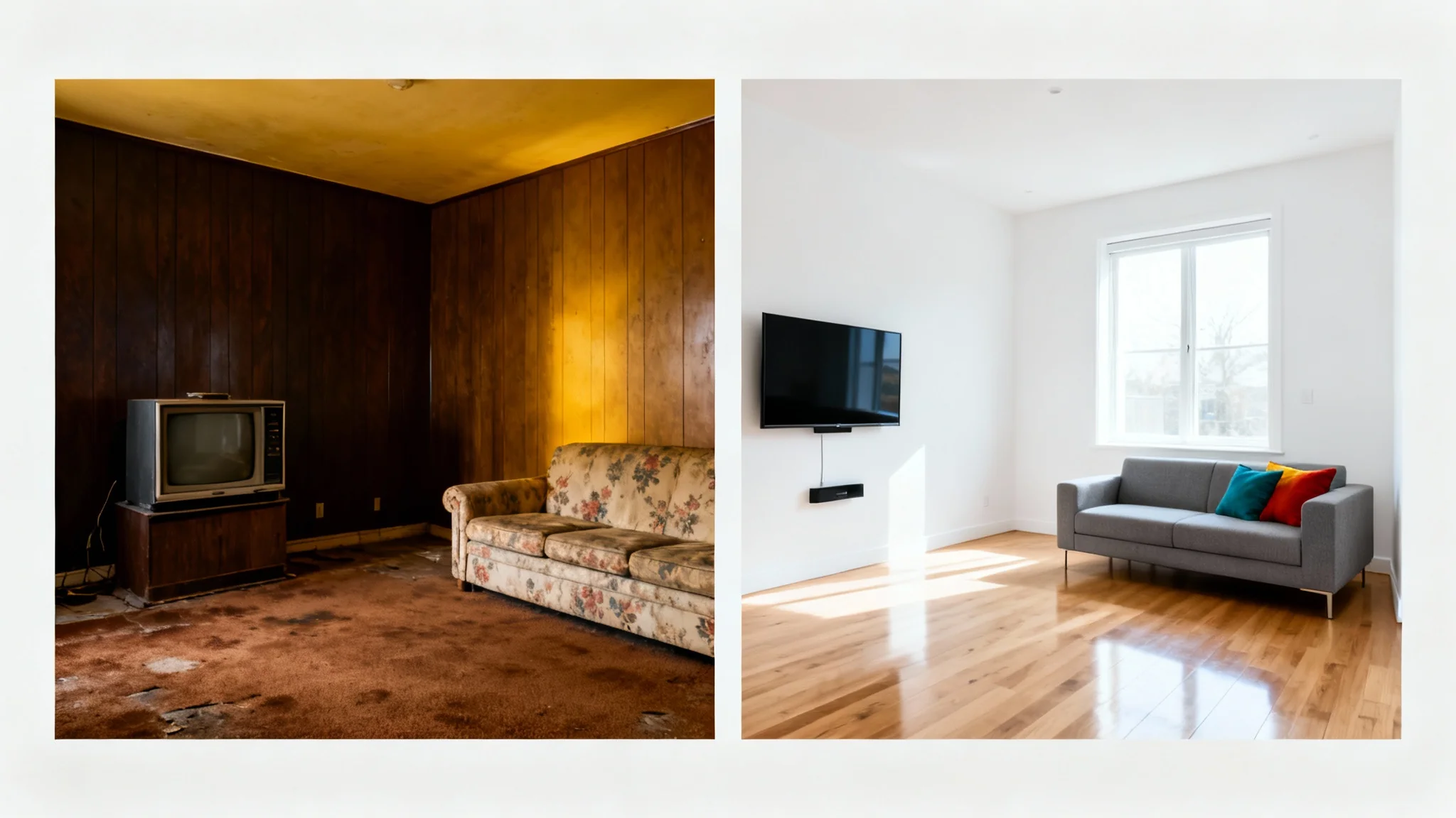 A split-screen comparison of a living room renovation. The 'before' side shows a dated, dark room, and the 'after' side shows the same room transformed into a bright, modern, and stylish living space.