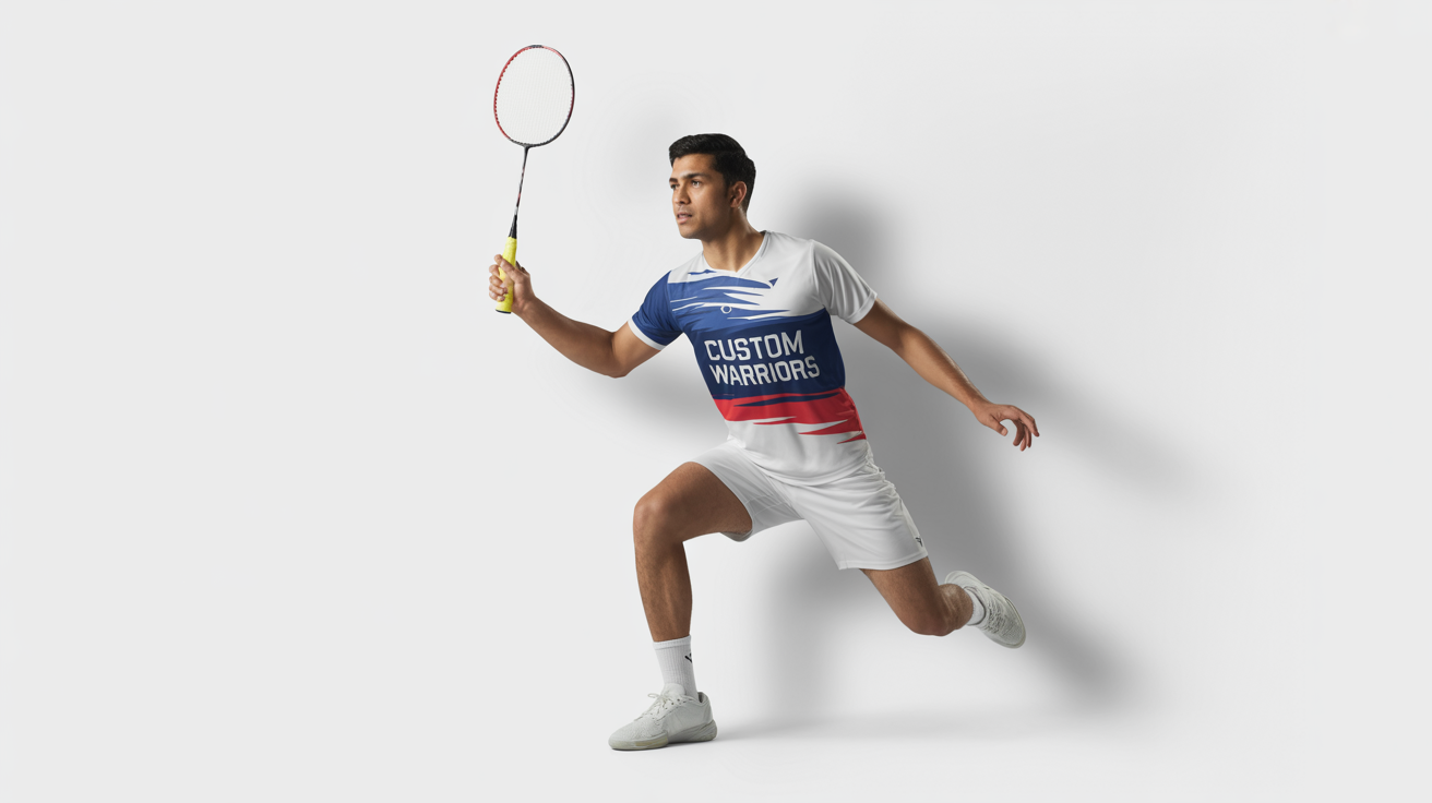 A male badminton player in a dynamic action pose on a court, wearing a custom blue, red, and white jersey with the words 'CUSTOM WARRIORS' on the front.