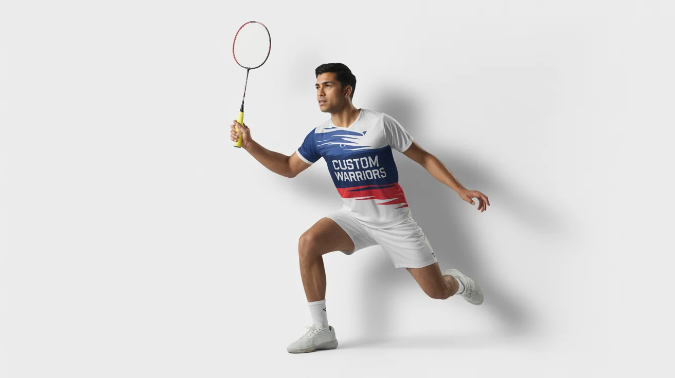 A male badminton player in a dynamic action pose on a court, wearing a custom blue, red, and white jersey with the words 'CUSTOM WARRIORS' on the front.