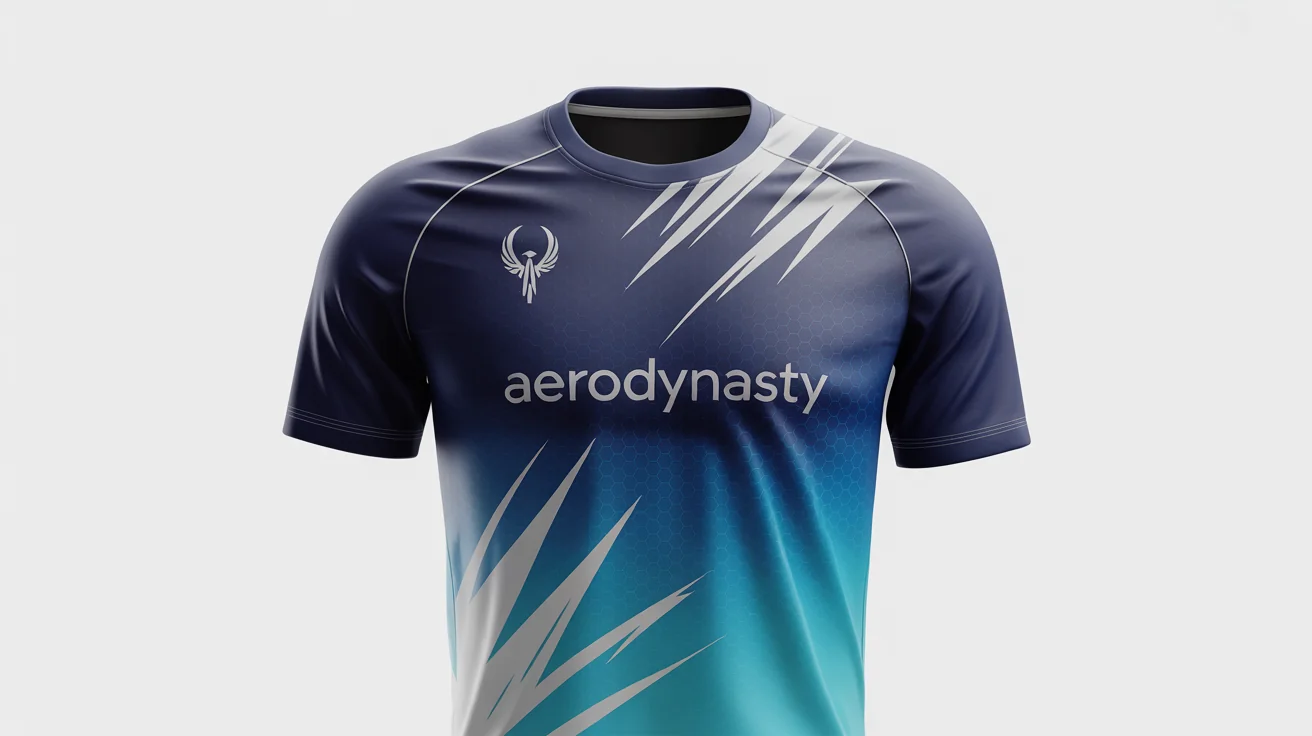 A professional mockup of a custom-designed badminton jersey on a mannequin against a white background. The jersey features a modern design with a navy blue to cyan gradient and silver geometric accents, with the fictional team name 'AeroDynasty' on the chest.