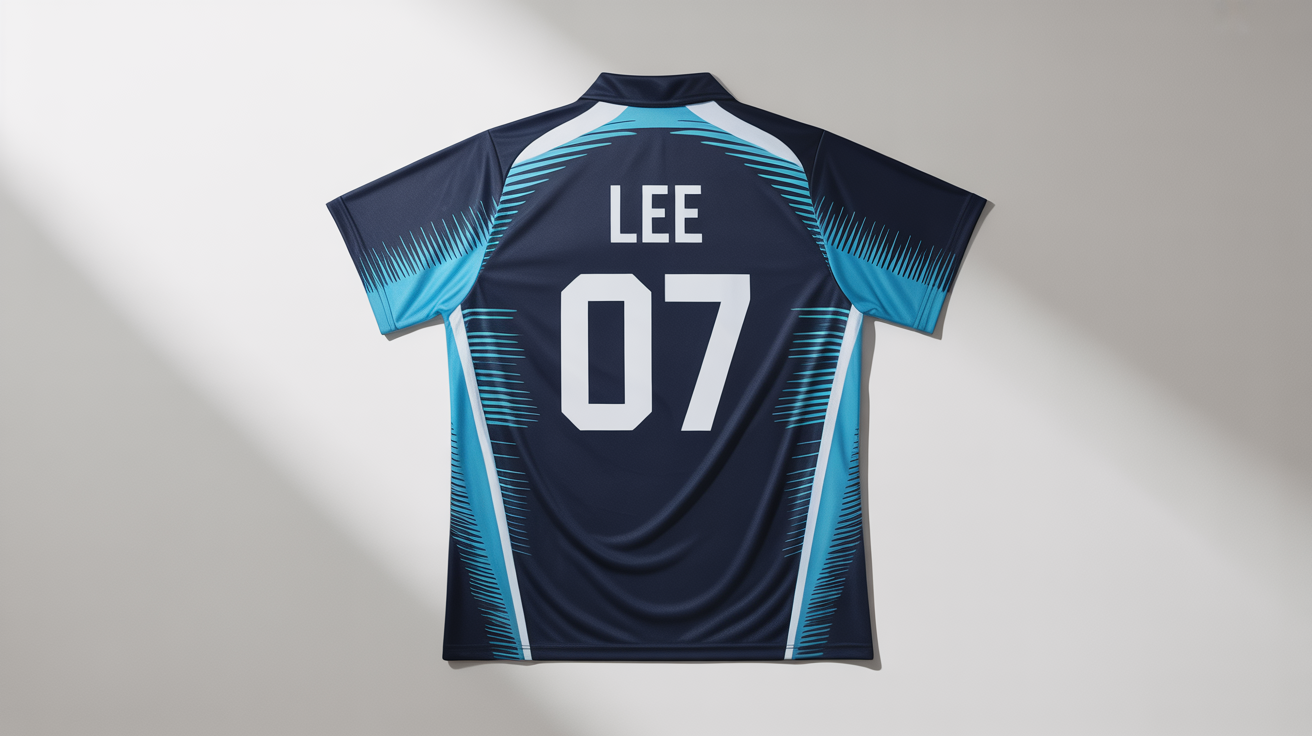 A custom badminton jersey with a navy blue, cyan, and white design, laid flat on a white background. The back of the jersey shows the name 'LEE' and the number '07'.