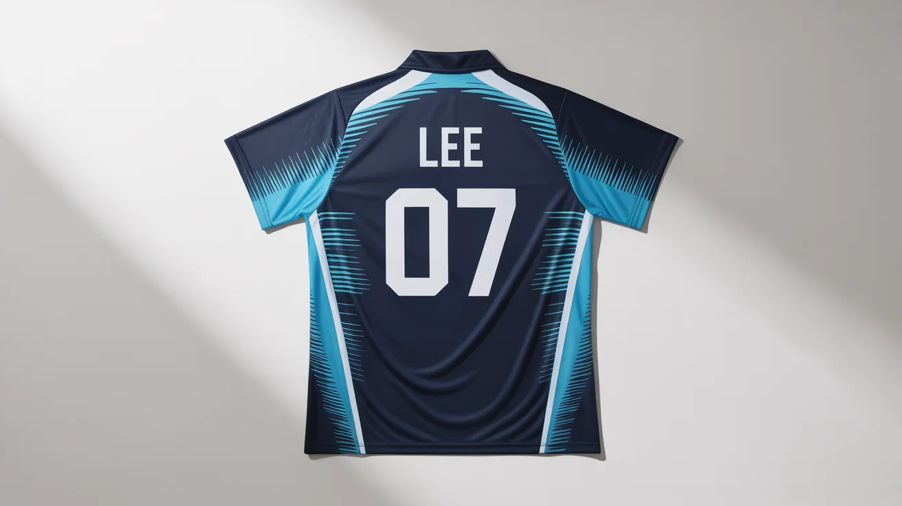 A custom badminton jersey with a navy blue, cyan, and white design, laid flat on a white background. The back of the jersey shows the name 'LEE' and the number '07'.