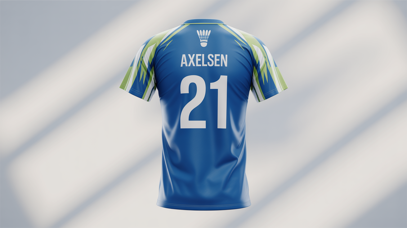 A custom royal blue and lime green badminton jersey with the name 'AXELSEN' and number '21' on the back, displayed on an invisible mannequin against a white background.
