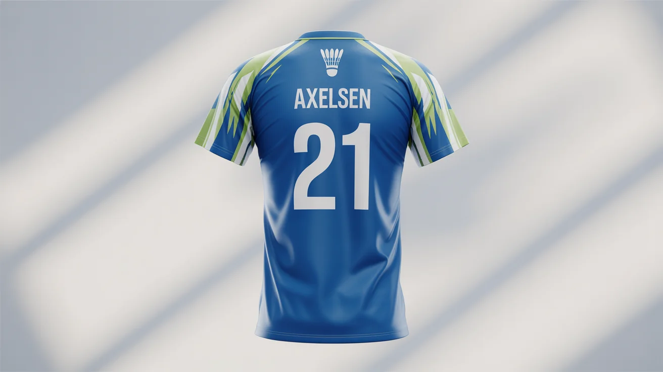 A custom royal blue and lime green badminton jersey with the name 'AXELSEN' and number '21' on the back, displayed on an invisible mannequin against a white background.
