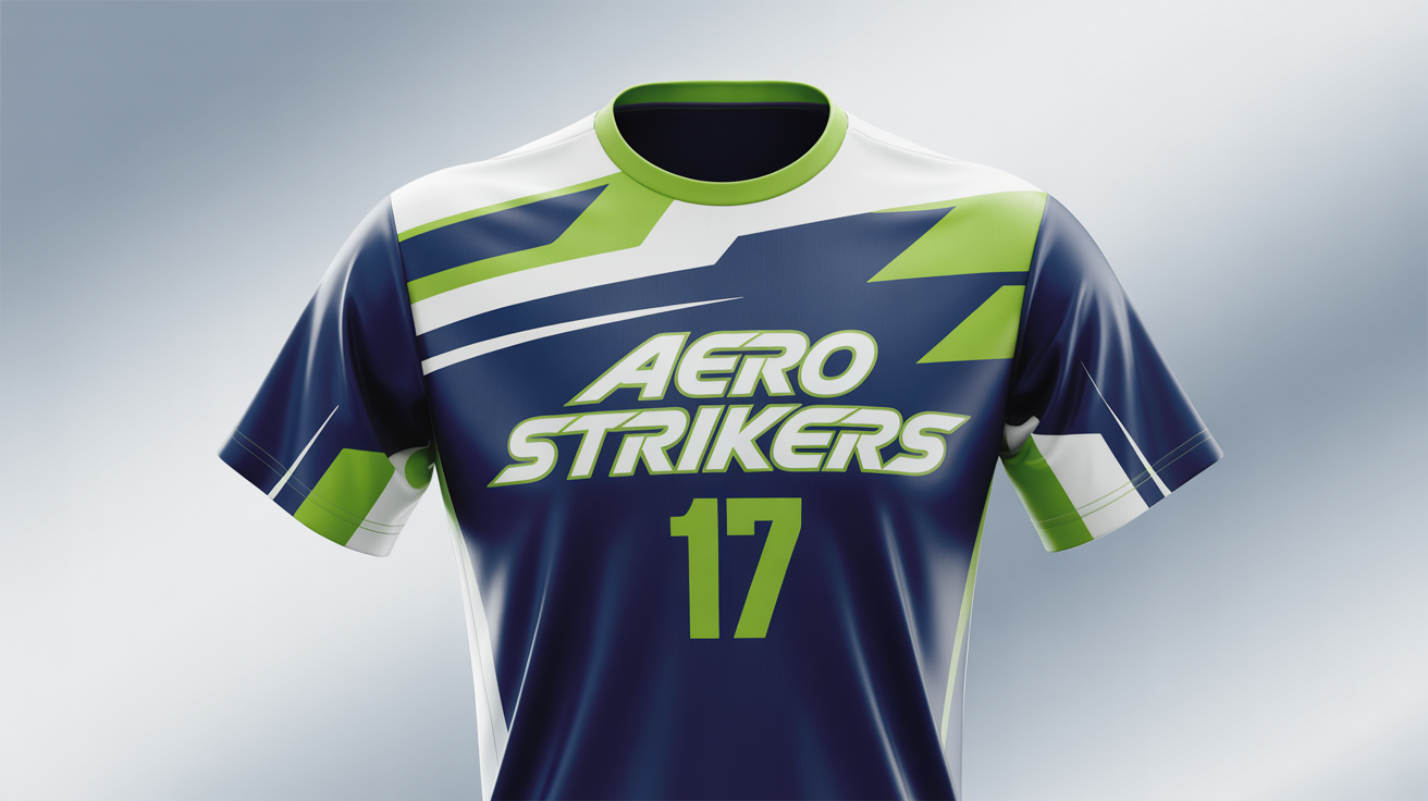 A professional mockup of a custom badminton jersey in navy blue, electric lime green, and white, featuring the fictional team name 'AERO STRIKERS' and the number '17', displayed on a ghost mannequin against a white background.