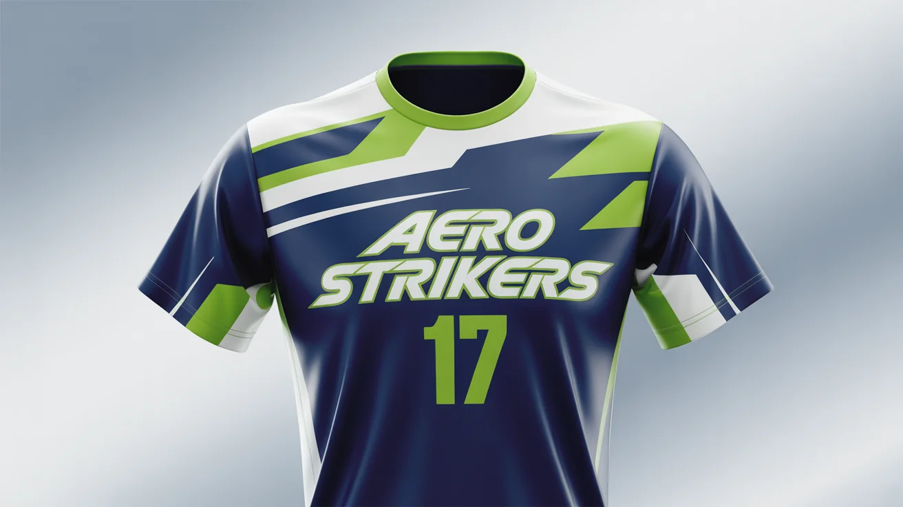 A professional mockup of a custom badminton jersey in navy blue, electric lime green, and white, featuring the fictional team name 'AERO STRIKERS' and the number '17', displayed on a ghost mannequin against a white background.