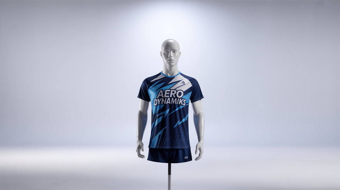 A professional mockup of a custom navy blue badminton jersey with electric blue and white geometric designs, featuring the text 'AERO DYNAMIKS', displayed on a mannequin against a white background.