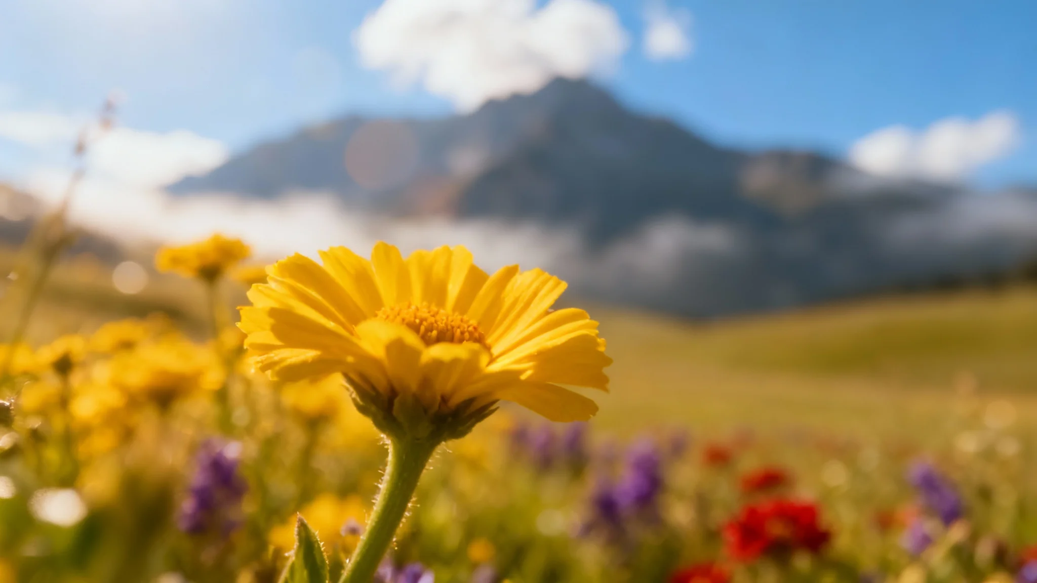 A close-up photograph of vibrant wildflowers, representing the final result of a Ken Burns zoom effect applied to a landscape photo. The background meadow and mountains are softly blurred.