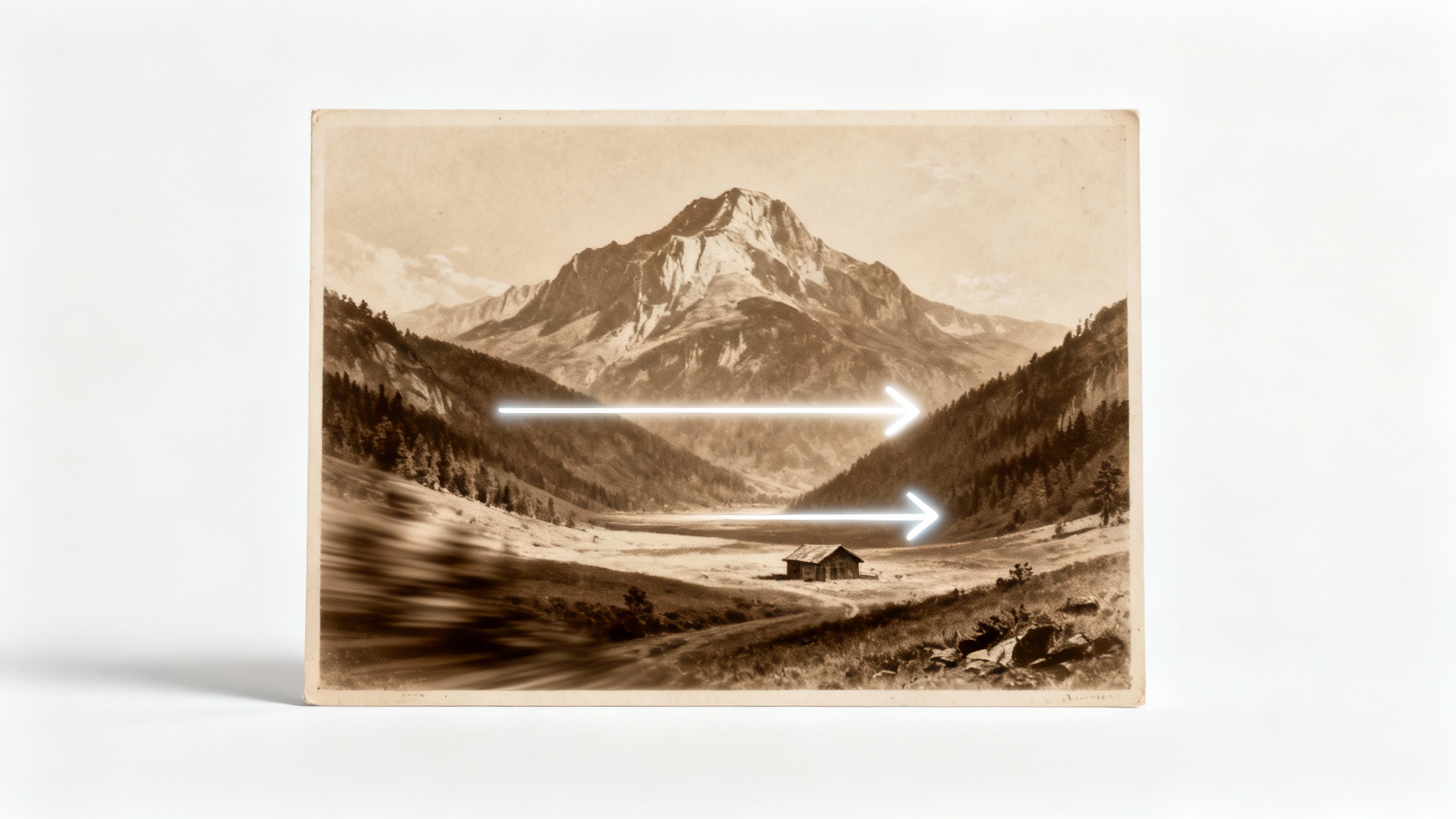 A visual representation of the Ken Burns effect, showing a vintage sepia photograph of a landscape with glowing arrows indicating a pan and zoom motion, all on a clean white background.