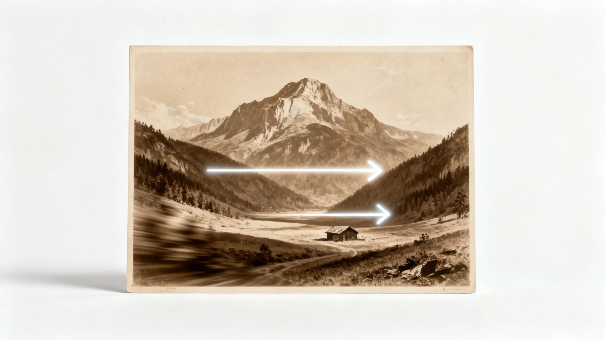 A visual representation of the Ken Burns effect, showing a vintage sepia photograph of a landscape with glowing arrows indicating a pan and zoom motion, all on a clean white background.