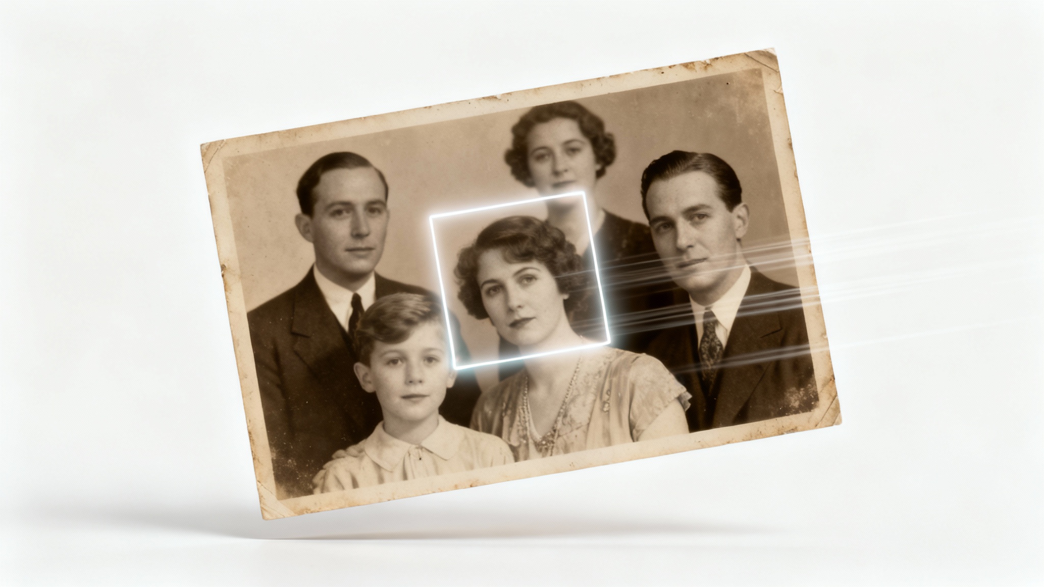 A vintage sepia photograph of a family, with graphical overlays indicating a zoom and pan motion, illustrating the Ken Burns effect on a white background.