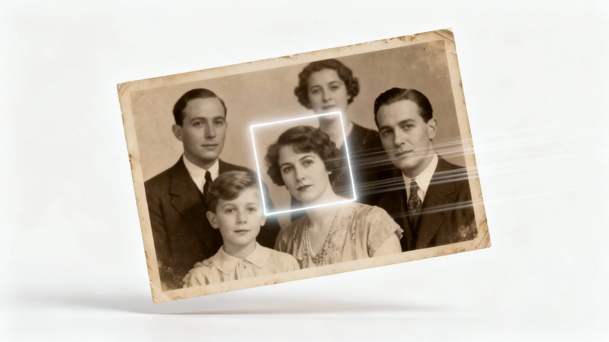 A vintage sepia photograph of a family, with graphical overlays indicating a zoom and pan motion, illustrating the Ken Burns effect on a white background.