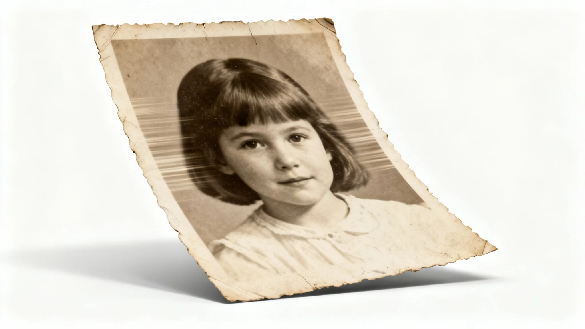 A visual mockup of the Ken Burns effect, showing a vintage sepia photograph with a cinematic motion blur that focuses in on a single subject, isolated on a white background.
