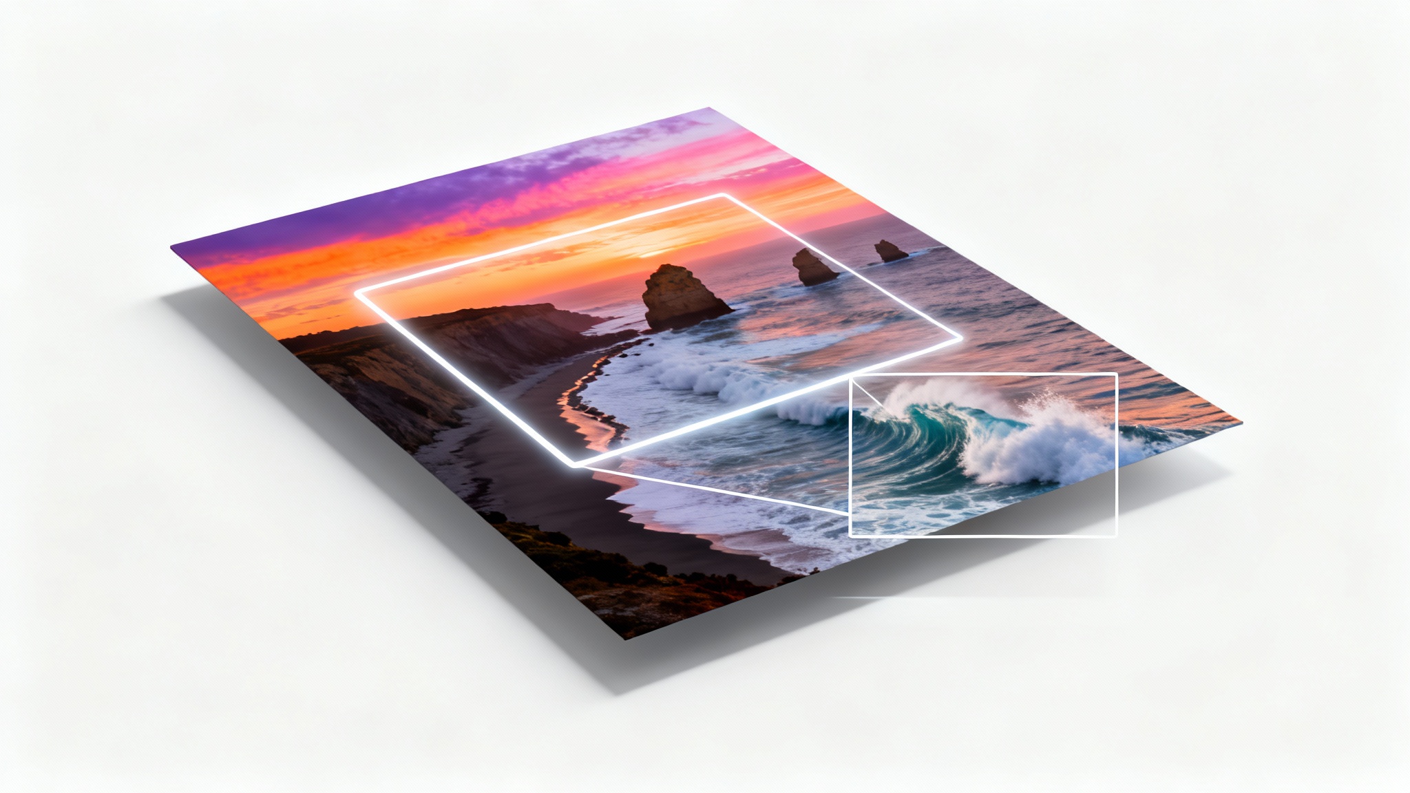 A mockup illustrating the Ken Burns effect, showing a beautiful landscape photo with glowing frames overlaid to represent a slow zoom and pan on a specific detail.