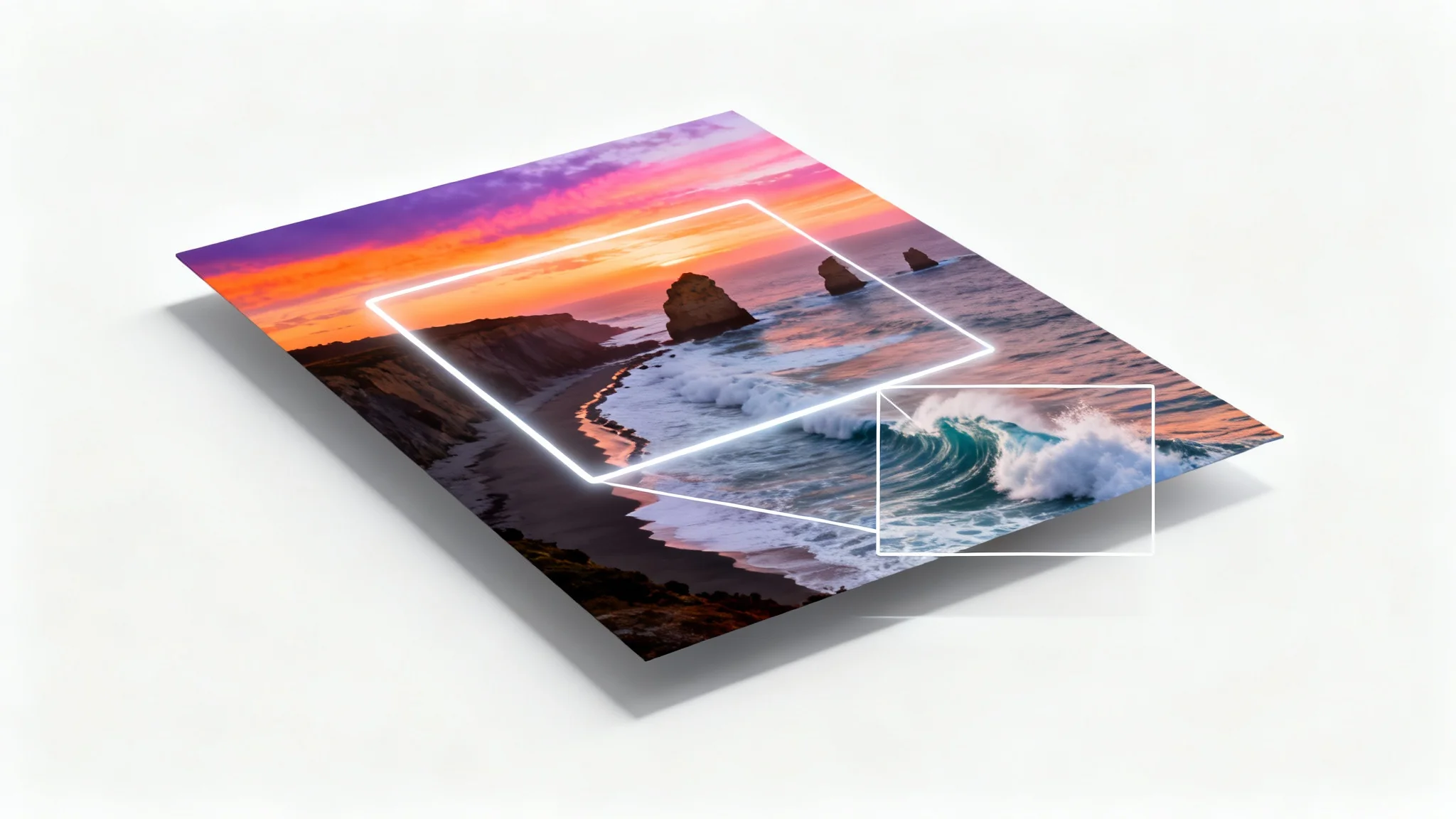 A mockup illustrating the Ken Burns effect, showing a beautiful landscape photo with glowing frames overlaid to represent a slow zoom and pan on a specific detail.
