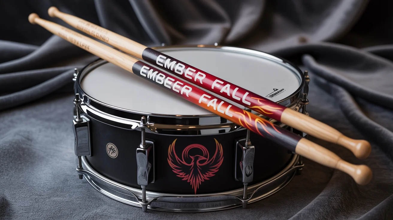A close-up hero shot of two custom-designed drumsticks with a phoenix logo and the name 'EMBER FALL', resting on a black snare drum.