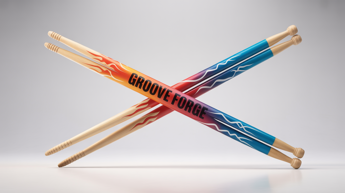 A pair of custom-designed maple drumsticks crossed in an X-shape on a white background. The sticks feature a design of flames and lightning, with the fictional brand name 'GROOVE FORGE' printed on them.
