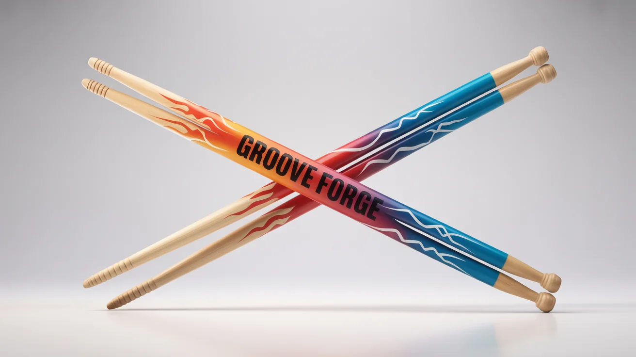 A pair of custom-designed maple drumsticks crossed in an X-shape on a white background. The sticks feature a design of flames and lightning, with the fictional brand name 'GROOVE FORGE' printed on them.