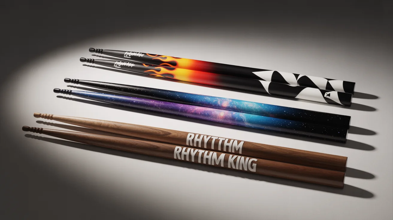 A collection of four pairs of custom-designed wooden drumsticks fanned out on a white background, each with a unique design: flames, geometric patterns, a galaxy print, and one pair engraved with 'RHYTHM KING'.