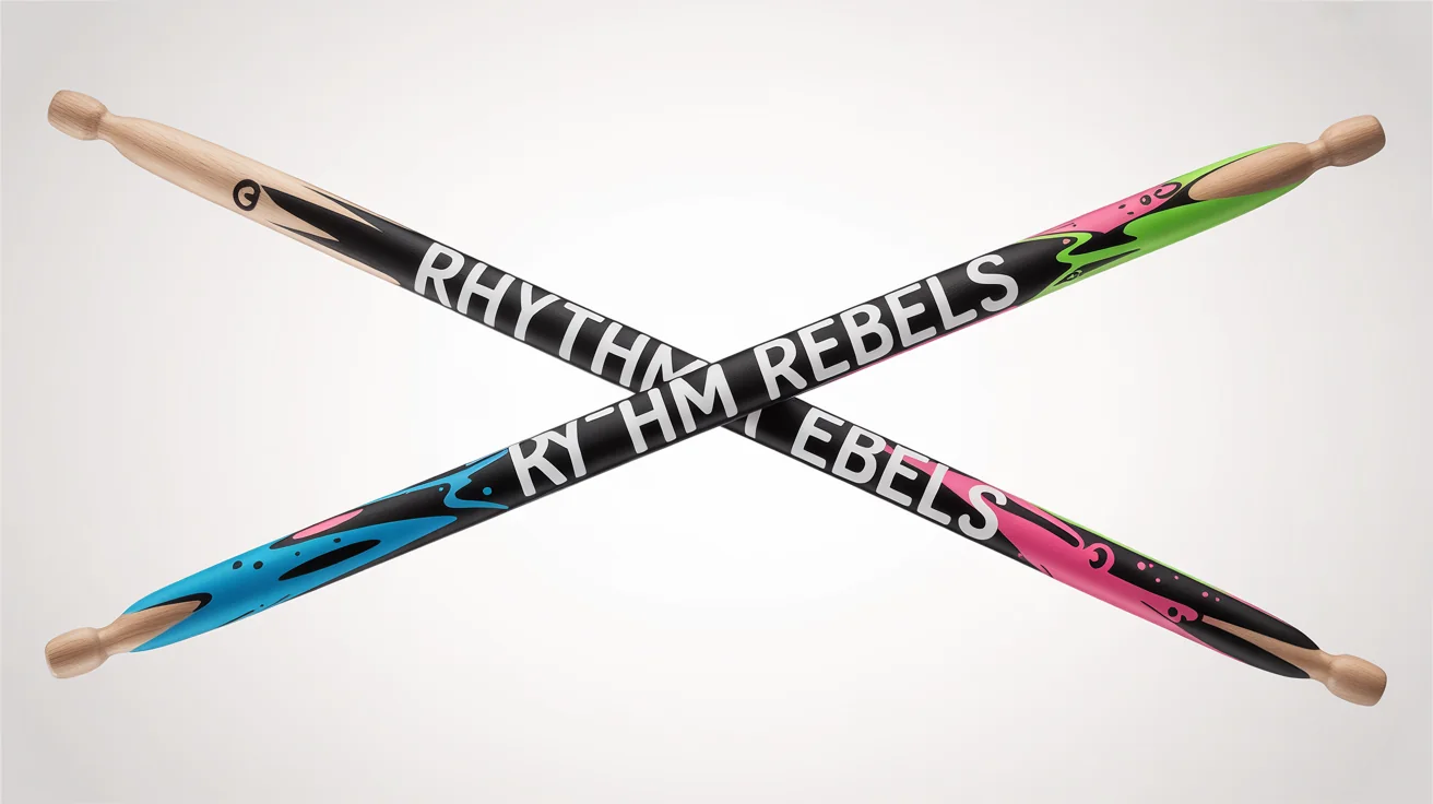 A pair of custom-designed drumsticks with a colorful graffiti pattern and the words 'RHYTHM REBELS', crossed against a white background.