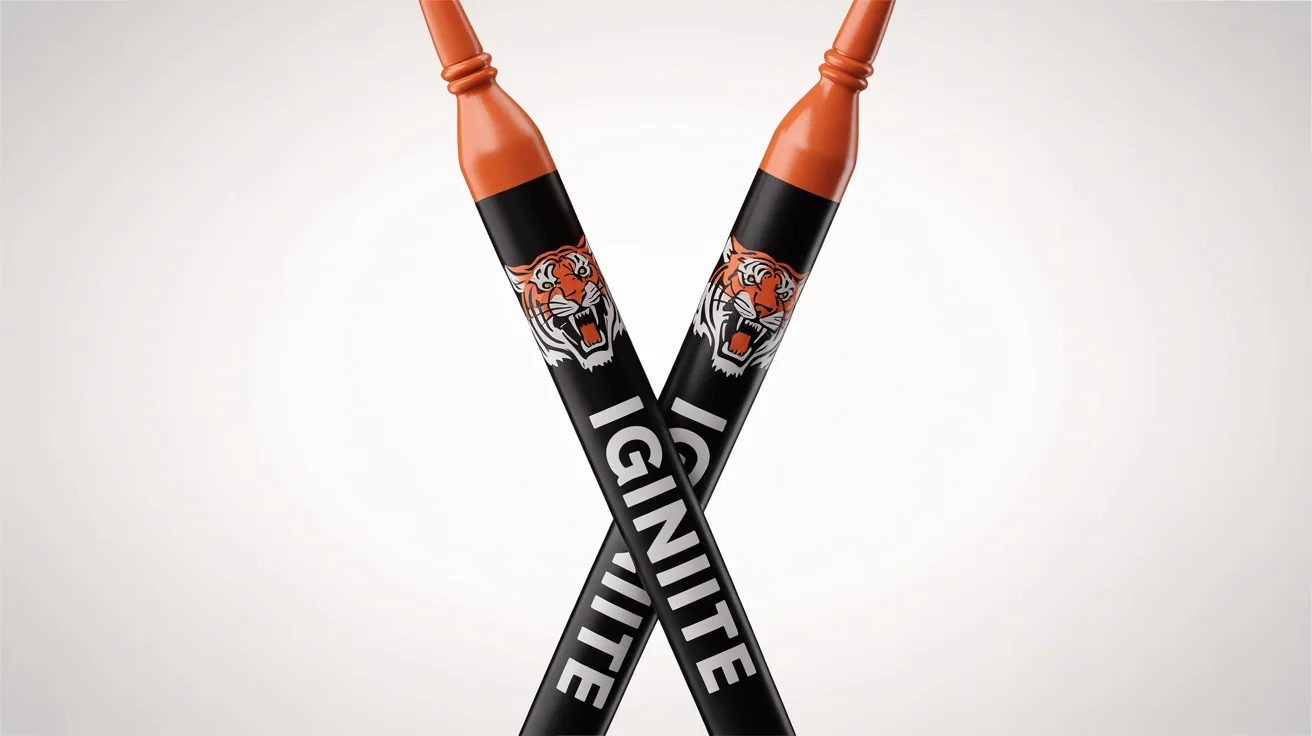 A pair of custom matte black drumsticks crossed in an X shape on a white background, featuring a detailed graphic of a roaring tiger and the word 'IGNITE' in white.