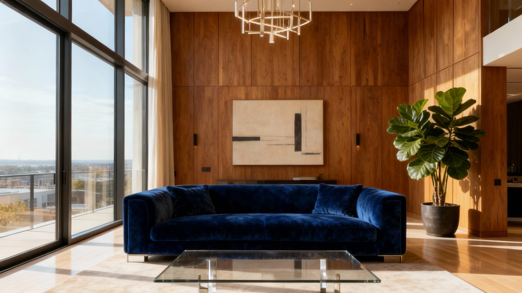 A final design render of a luxurious open-concept apartment living room, featuring a velvet sofa, floor-to-ceiling windows, and modern decor, representing a polished result from a design tool.