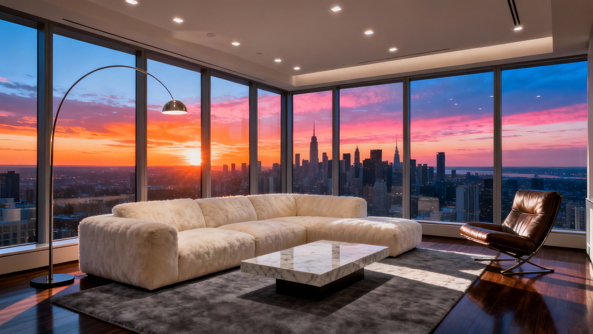 A beautifully lit, modern luxury apartment living room at sunset, with floor-to-ceiling windows offering a panoramic view of a city skyline.