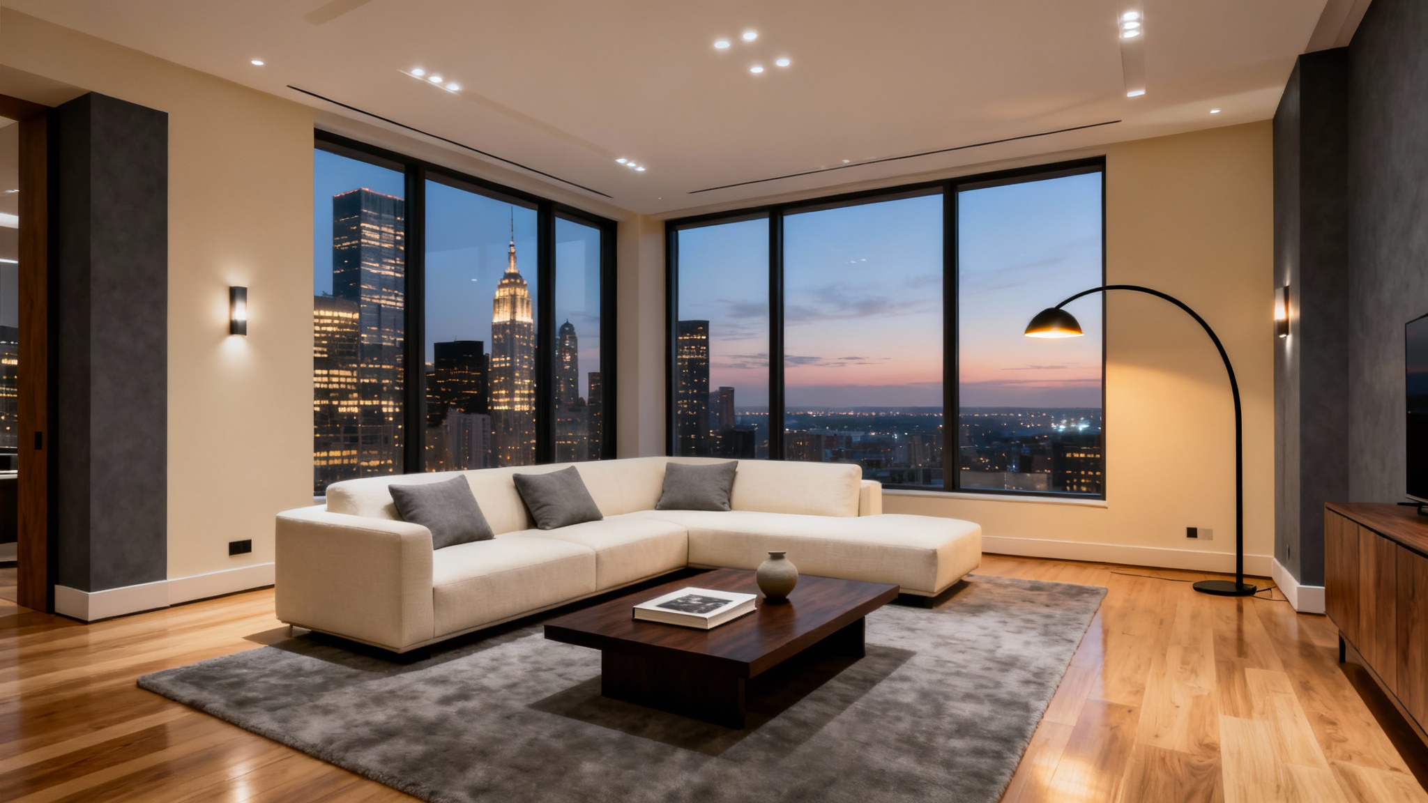 Interior of a modern luxury apartment living room at dusk, featuring a large cream sofa, minimalist decor, and a breathtaking city view through floor-to-ceiling windows.