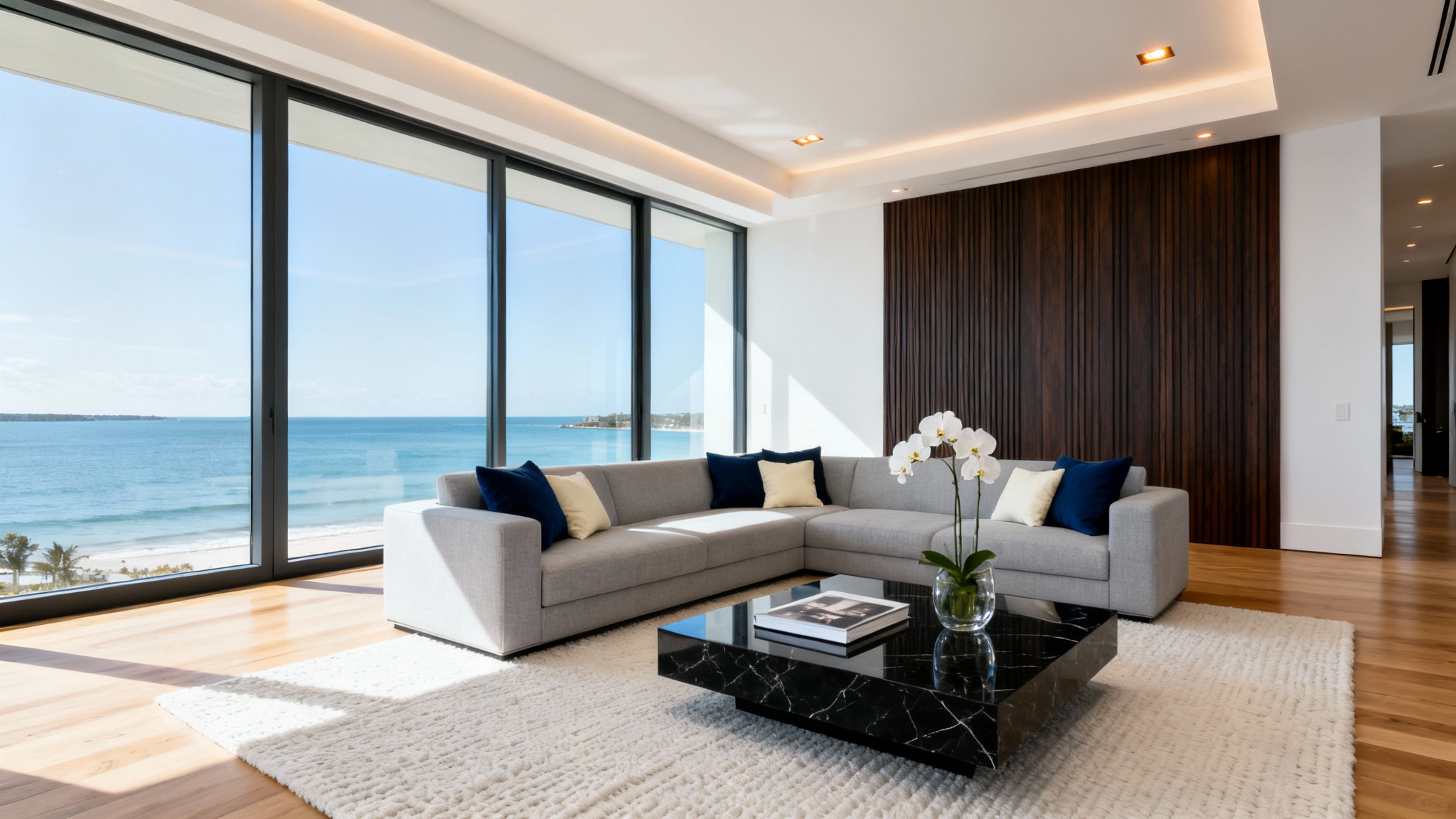 A photorealistic image of a spacious and modern luxury apartment living room with floor-to-ceiling windows overlooking the ocean, featuring a large gray sofa and a black marble coffee table.