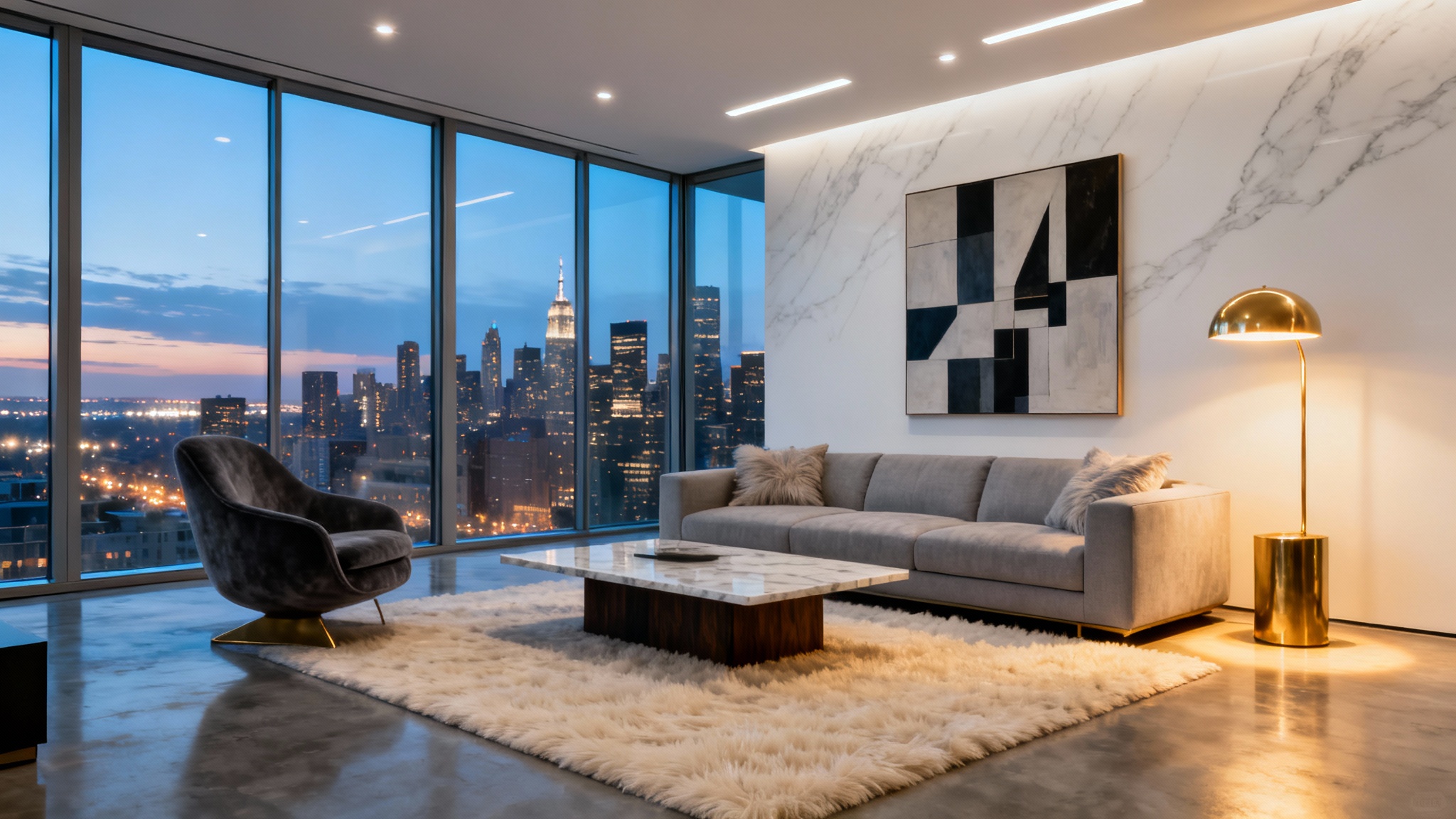 A modern luxury apartment living room at dusk, with large windows overlooking a city skyline, furnished with a chic grey sofa and minimalist decor.
