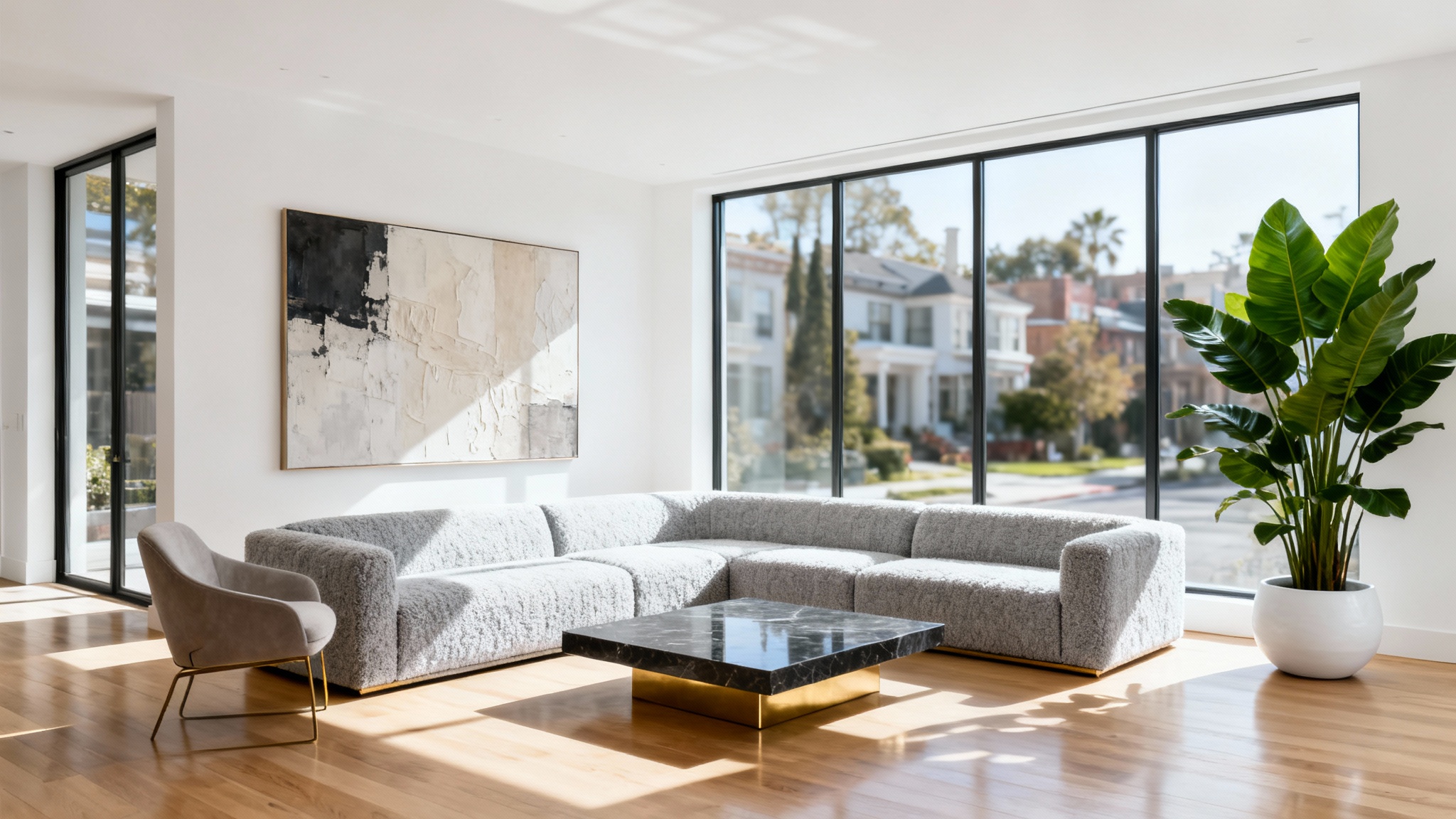 A photorealistic mockup of a modern and spacious luxury apartment living room with minimalist furniture, large windows, and hardwood floors, set against a clean white background.