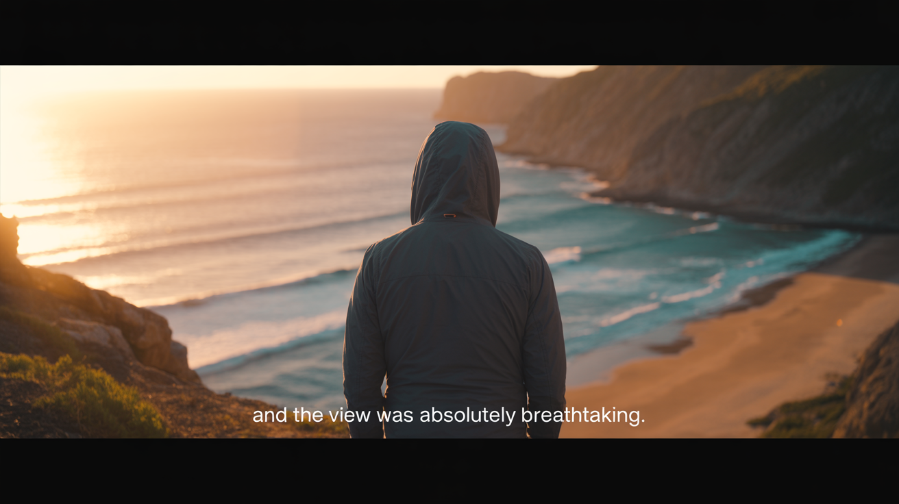 A high-quality video frame showing a view of a coastline at sunrise, with professionally designed subtitles at the bottom that read, 'And the view was absolutely breathtaking.'