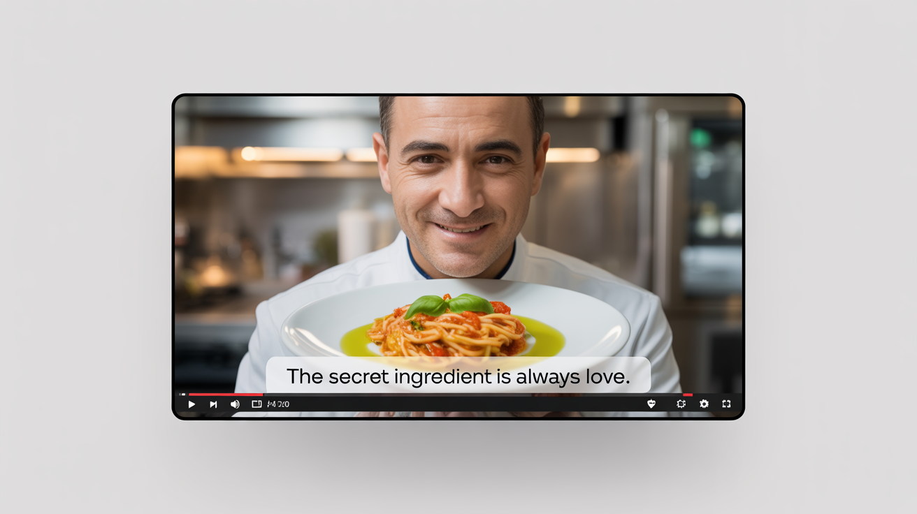 A mockup of a video player showing a still of a smiling chef presenting a dish, with subtitles at the bottom that read 'The secret ingredient is always love.'
