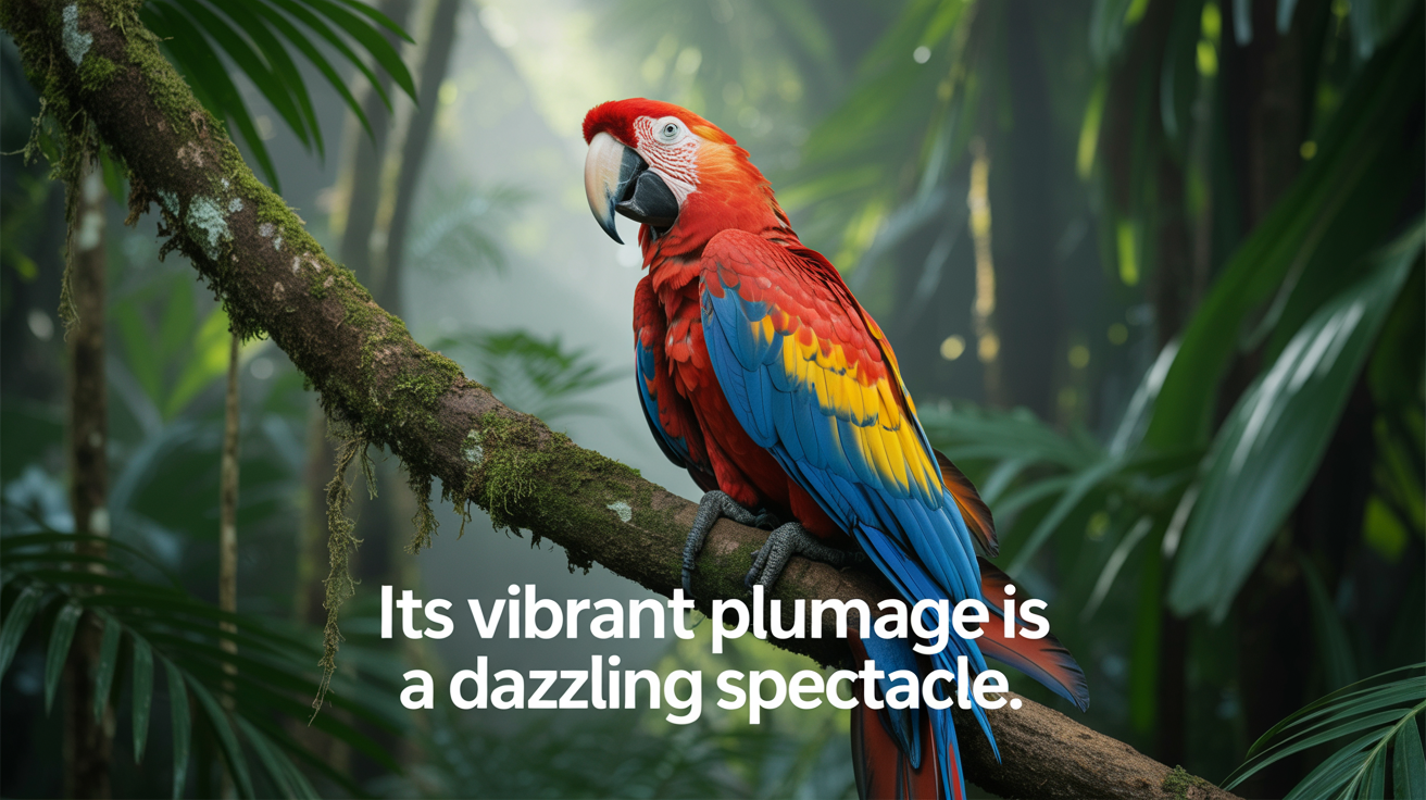A video still of a colorful parrot in a rainforest, with subtitles at the bottom that read 'Its vibrant plumage is a dazzling spectacle.'