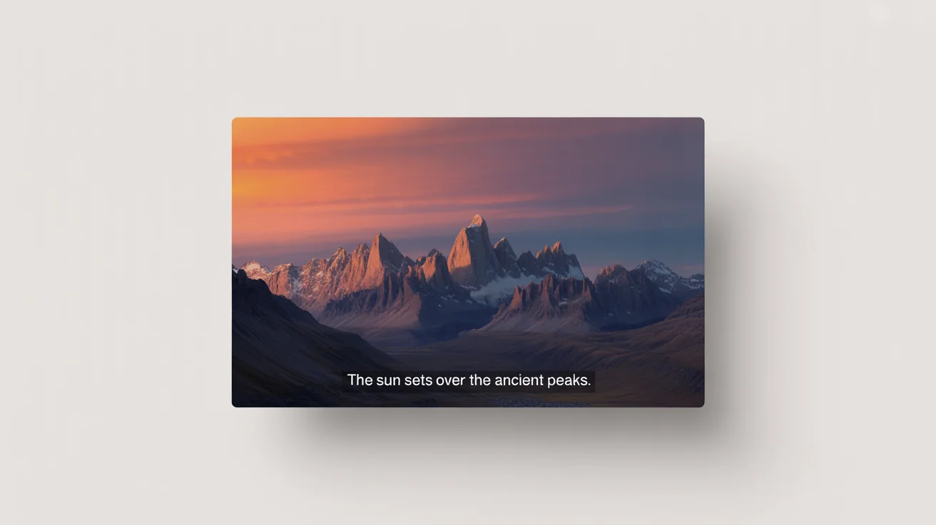 A mockup of a video frame showing a scenic mountain sunset, with subtitles at the bottom that read 'The sun sets over the ancient peaks.' The mockup is on a white background.