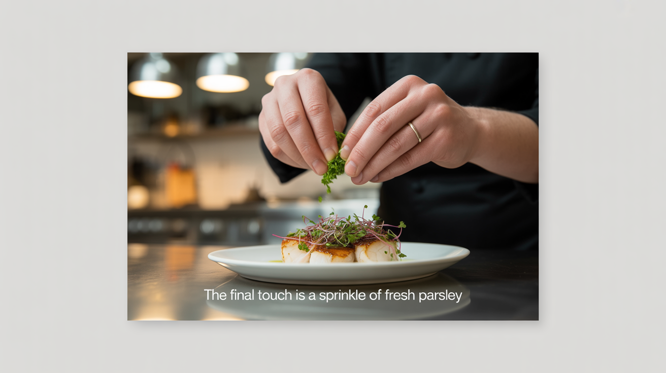 A mockup of a video frame showing a chef garnishing a dish, with the subtitle 'The final touch is a sprinkle of fresh parsley.' at the bottom.