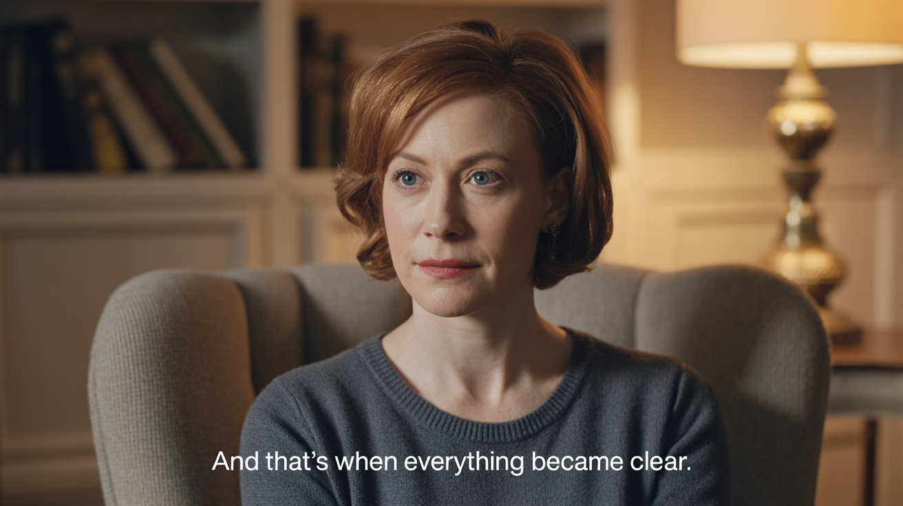 A high-quality video frame mockup showing a person in an interview, with clear subtitles at the bottom reading, 'And that’s when everything became clear.' The mockup is set against a plain white background.