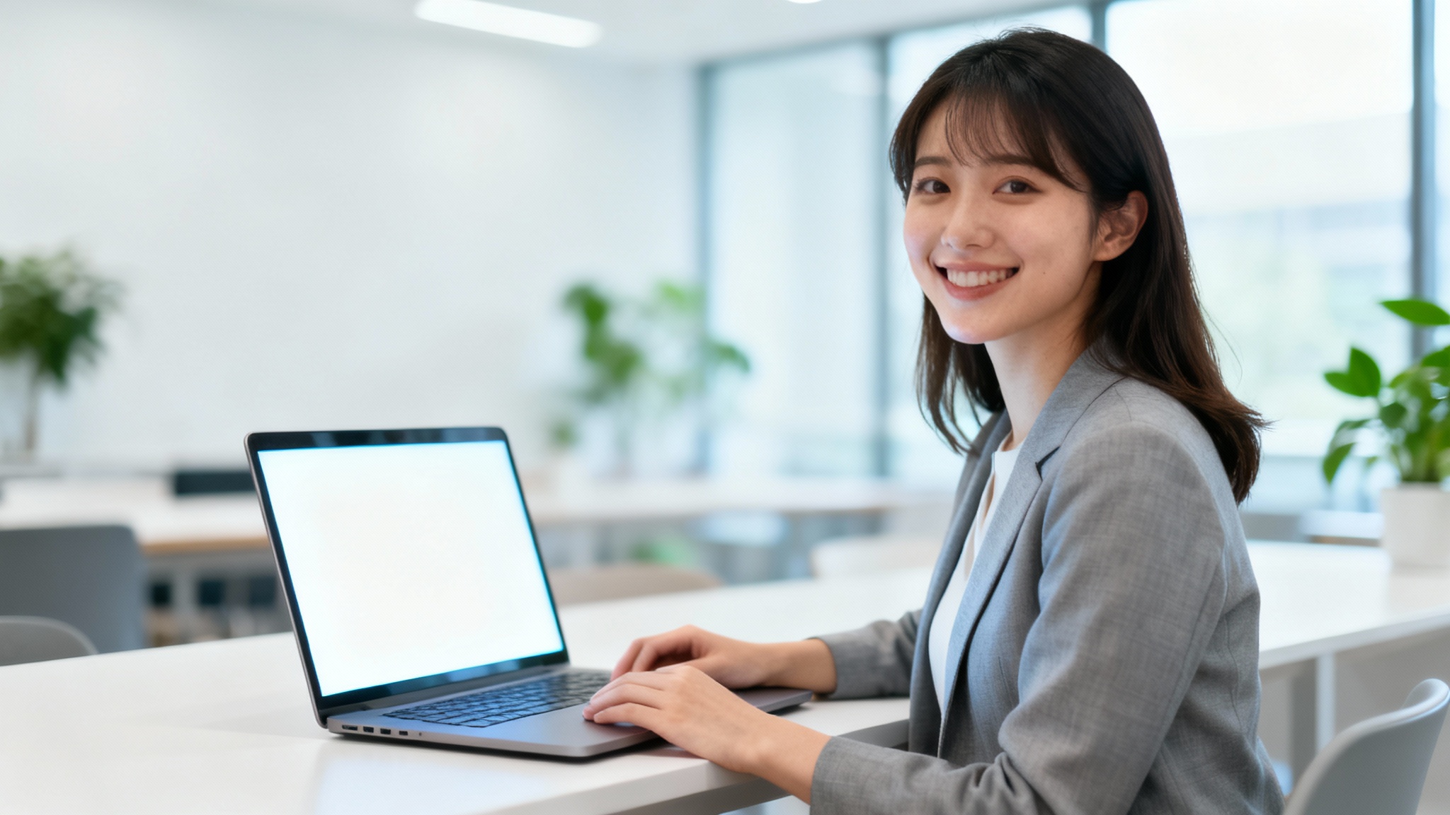 A smiling professional woman sits in a modern, sunlit office, posing with her laptop open on the desk in front of her.